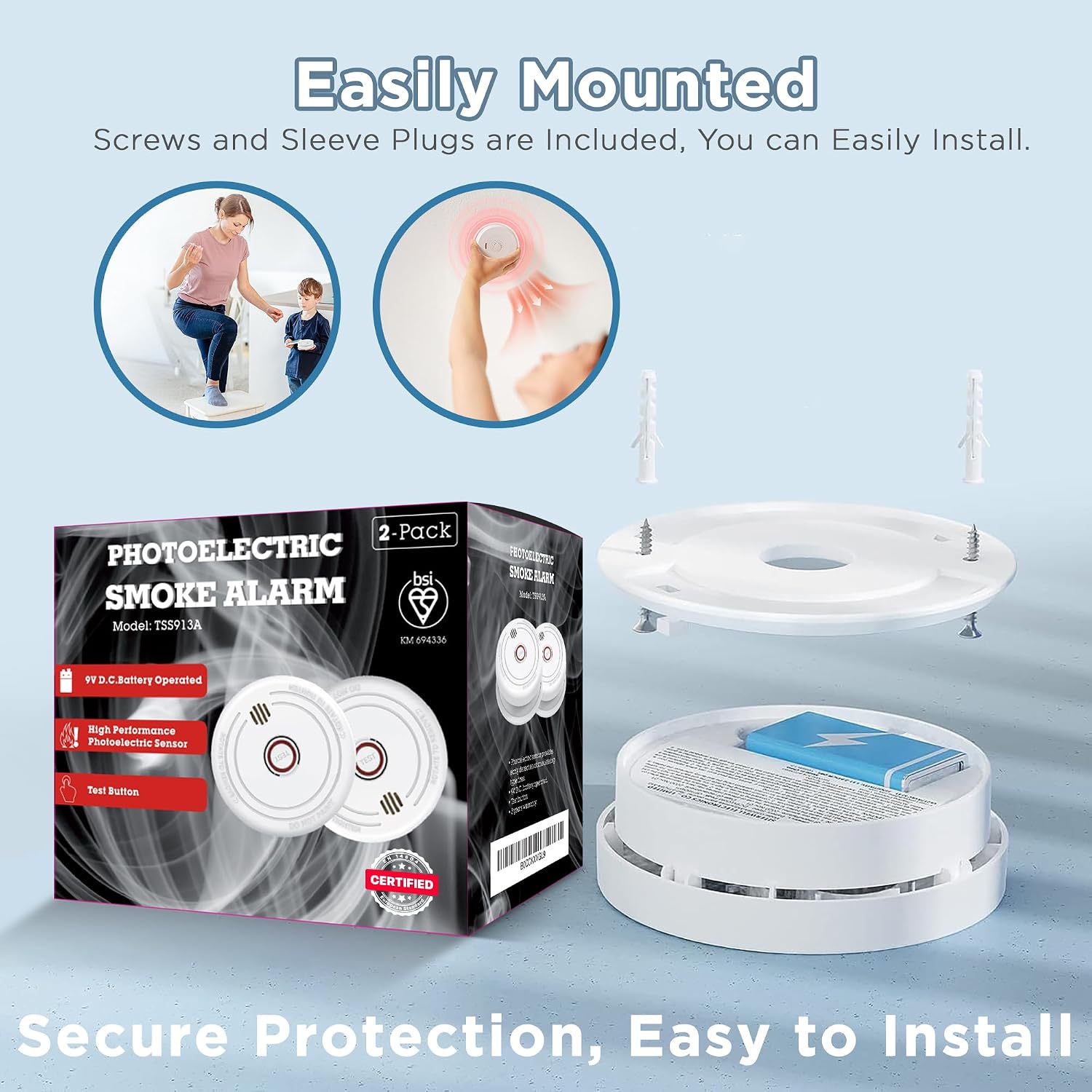 Detalle de 2 Pack Smoke Alarms for Home (EN14604) – 10-Year Photoelectric Detectors with 5-Year Replaceable Battery and Silence Button