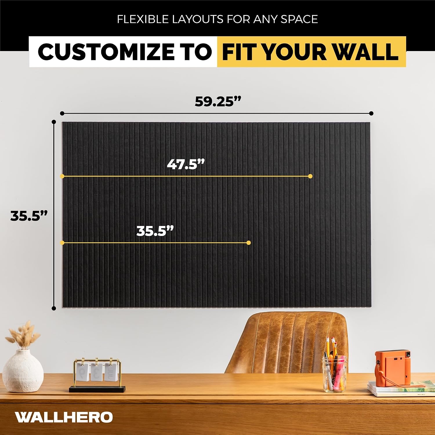 Detalle de WallHero 15x_12inch_slat Large Felt Bulletin Board, 15 Black Tiles