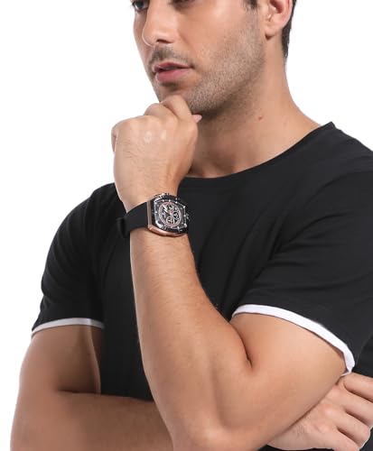 Thumbnail 1 de PC PARAS CROWN Montre Homme Quartz Chronographe – Boîtier Tonneau, acier inoxydable, 5 ATM, bracelet silicone