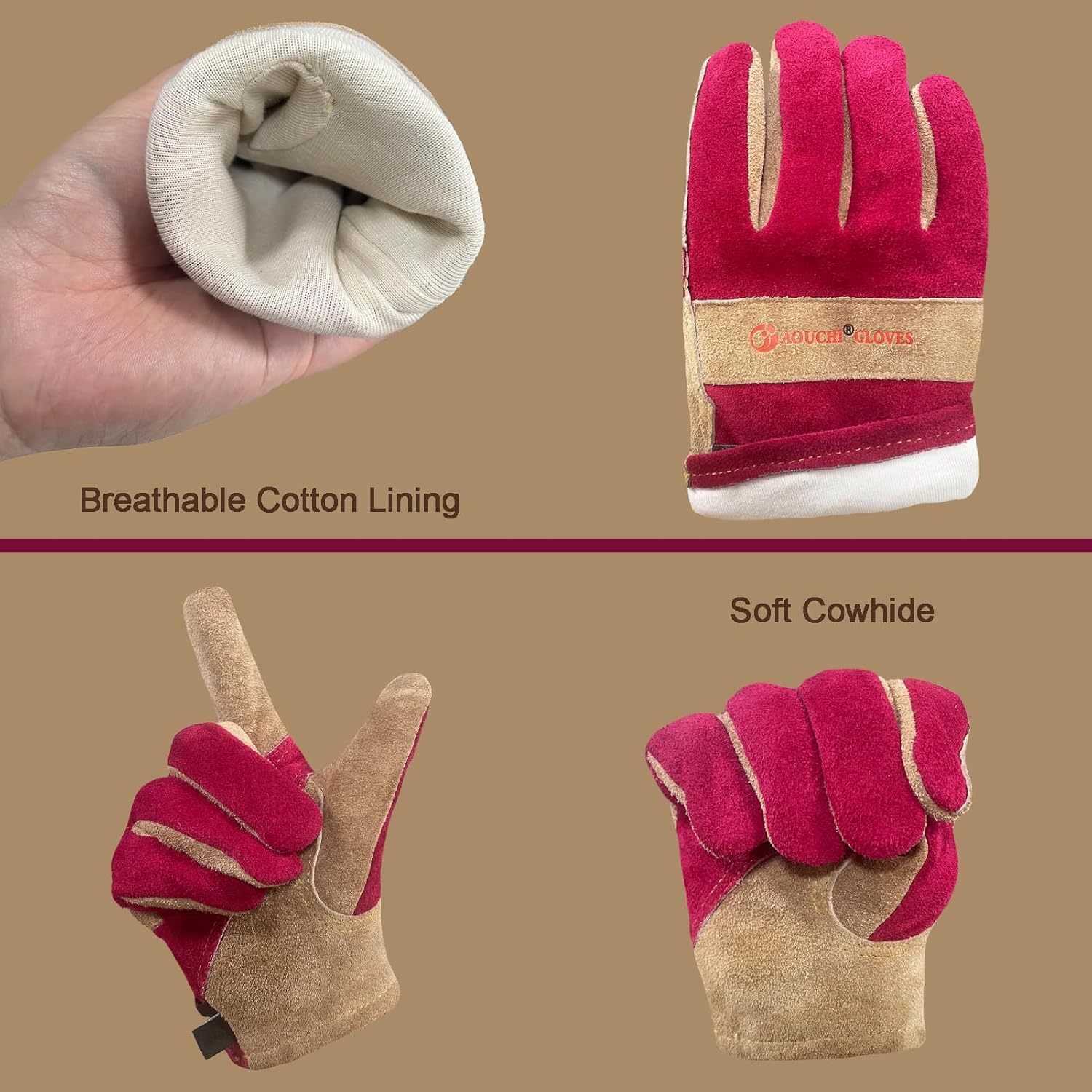 Thumbnail 1 de AOUCHI Women’s Cotton Lined Leather Work Gloves – Rose Trimming, Flexible Cowhide, Medium
