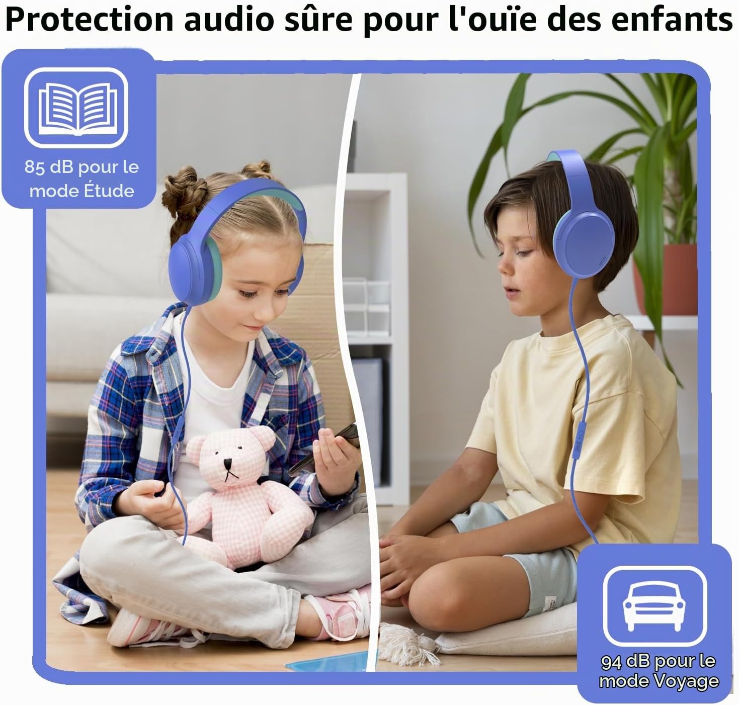 Detalle de Usoun BH-DR07 bedrade kinderhoofdtelefoon met microfoon, 85/94 dBA en 3,5mm-aansluiting