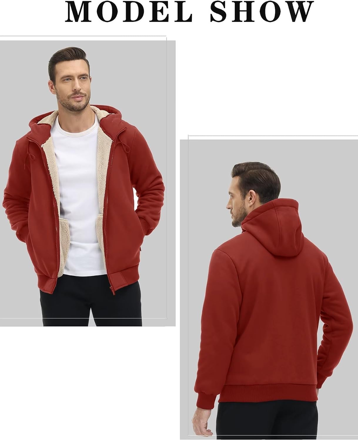 Detalle 2 de KEFITEVD Men’s Sherpa Fleece Lined Zip-Up Hooded Jacket with Pockets