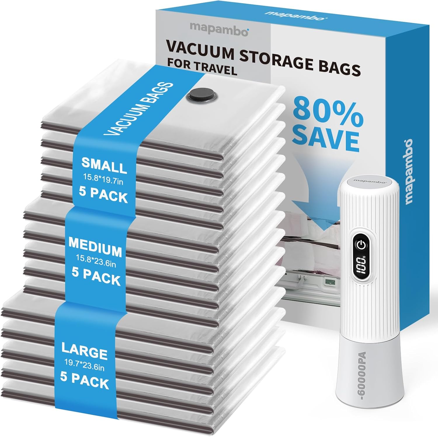 Detalle de Mapambo Travel Vacuum Bags with -60000Pa LED Electric Pump, 15-Pack (3 Sizes) for Clothing, Space-Saving Vacuum Storage
