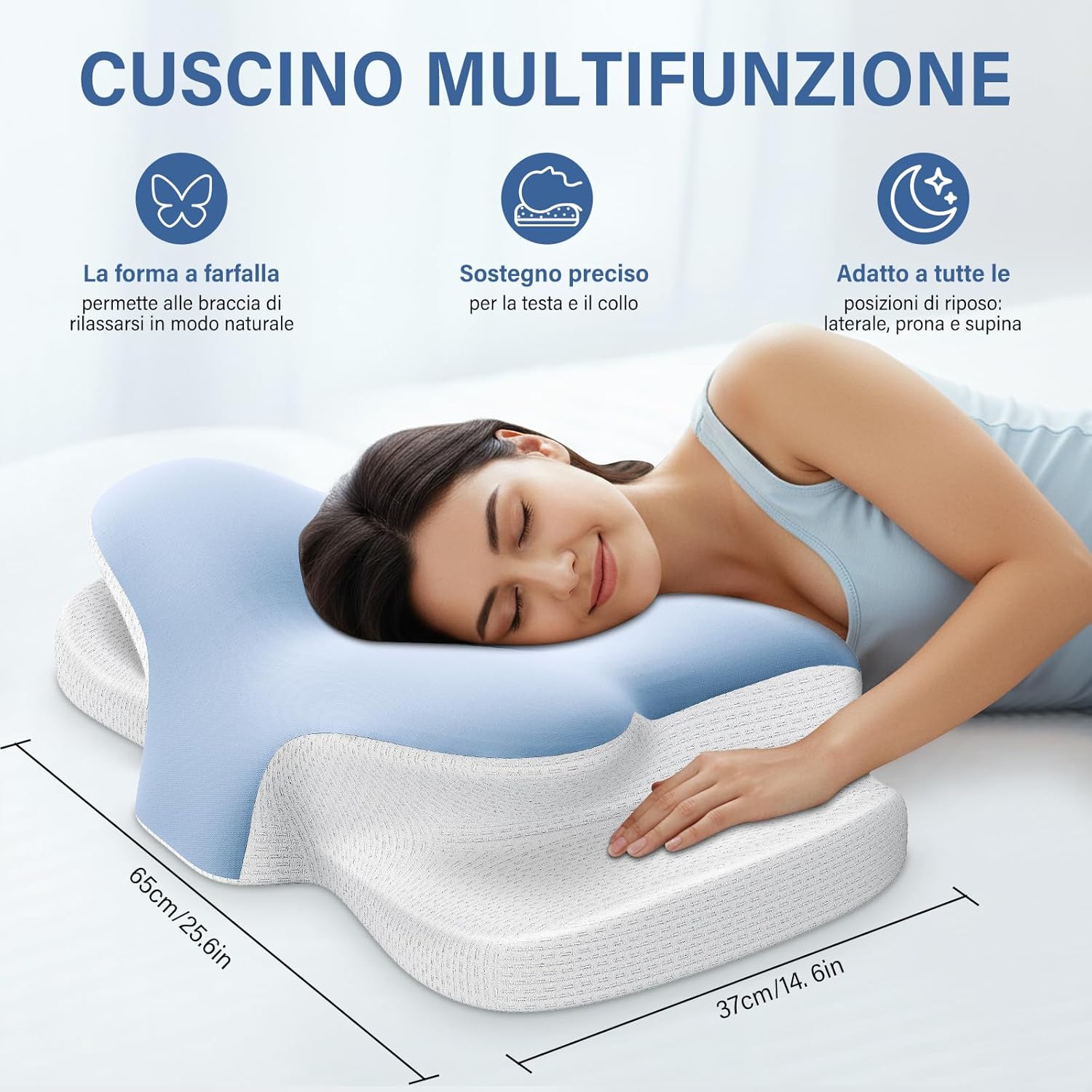 Thumbnail 1 de Ehomfory Cuscino Cervicale 2 in 1 in Memory Foam, 65x37x10/12 cm, Federa sfoderabile e lavabile, Blu