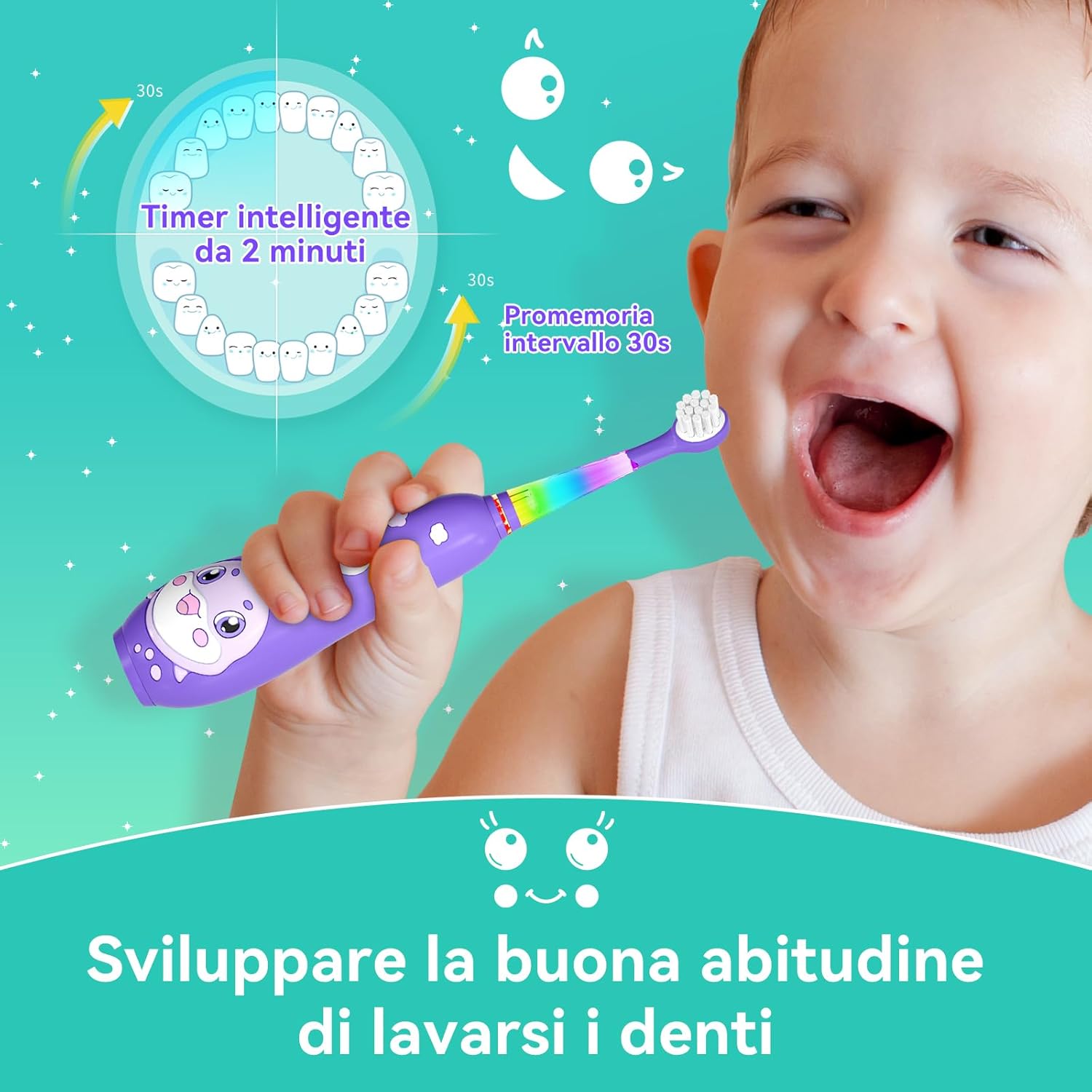 Thumbnail 4 de Spazzolino elettrico bambini Seago SG-2139 con manico in silicone a balena, LED e 8 testine (0–6 anni) – Viola