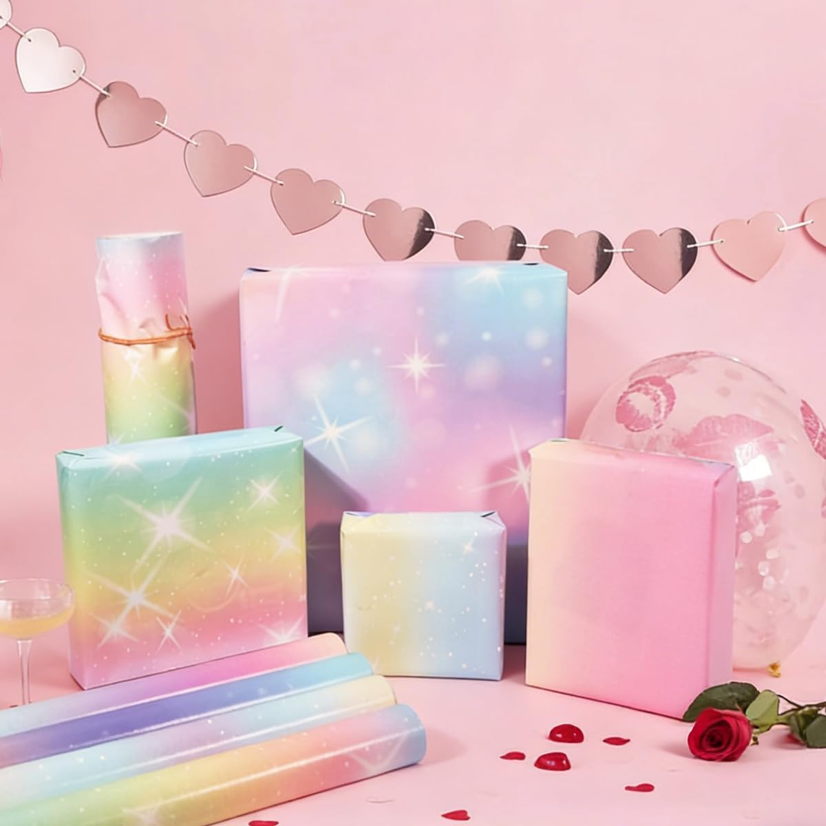 Thumbnail 5 de HBell Rainbow Wrapping Paper Roll — 4 Rolls of 43cm x 3m Pastel Rainbow Designs