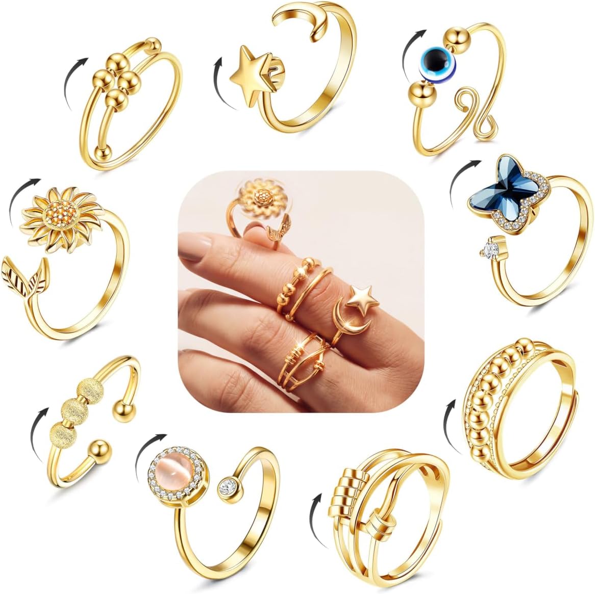 FIBO STEEL 9-Pcs Fidget Anxiety Rings – Adjustable Open Spinner Rings with CZ Details