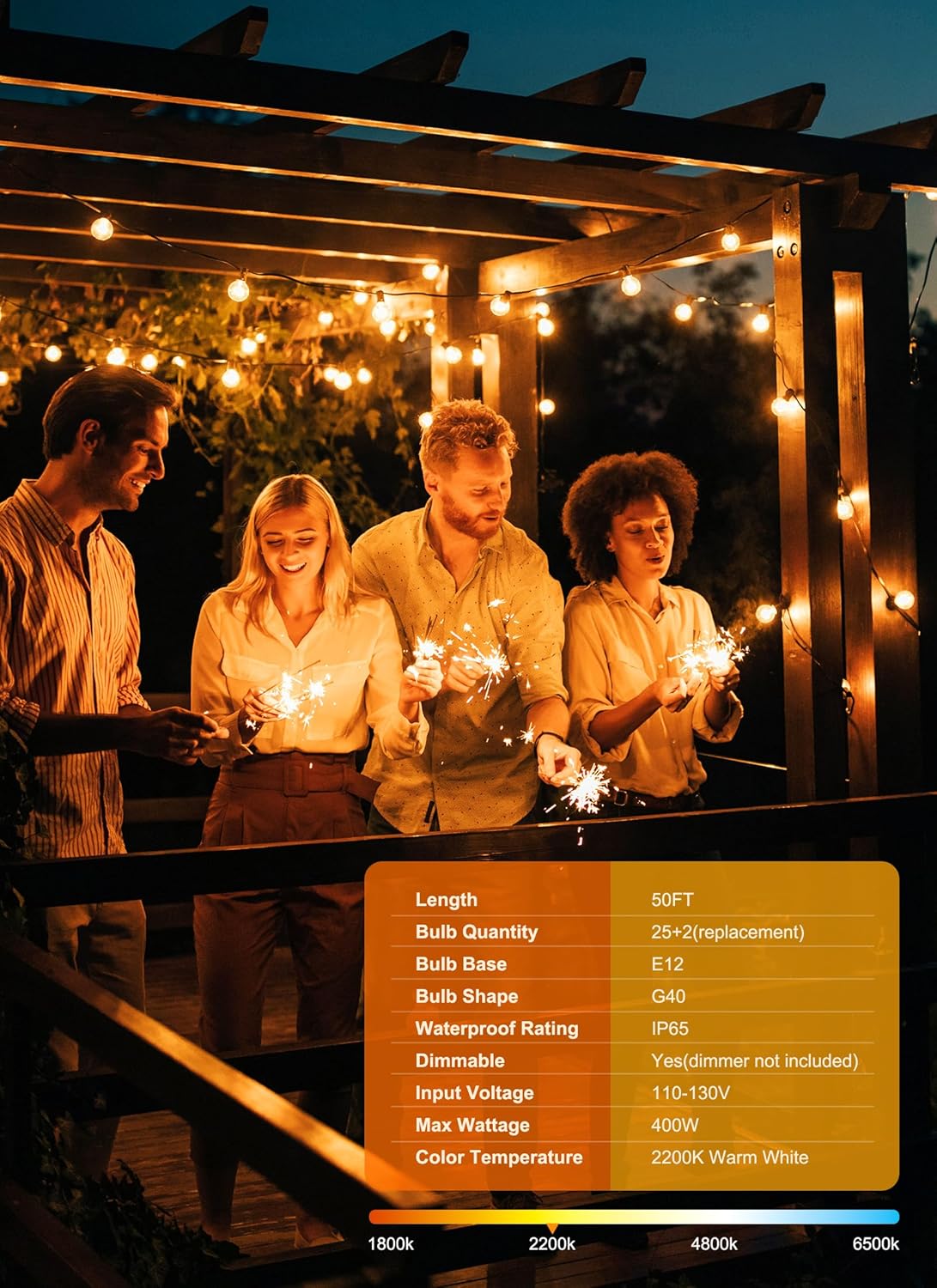 Detalle de Brightown Outdoor String Lights: 50 ft of Shatterproof G40 LED Bulbs, IP65 Waterproof & Connectable