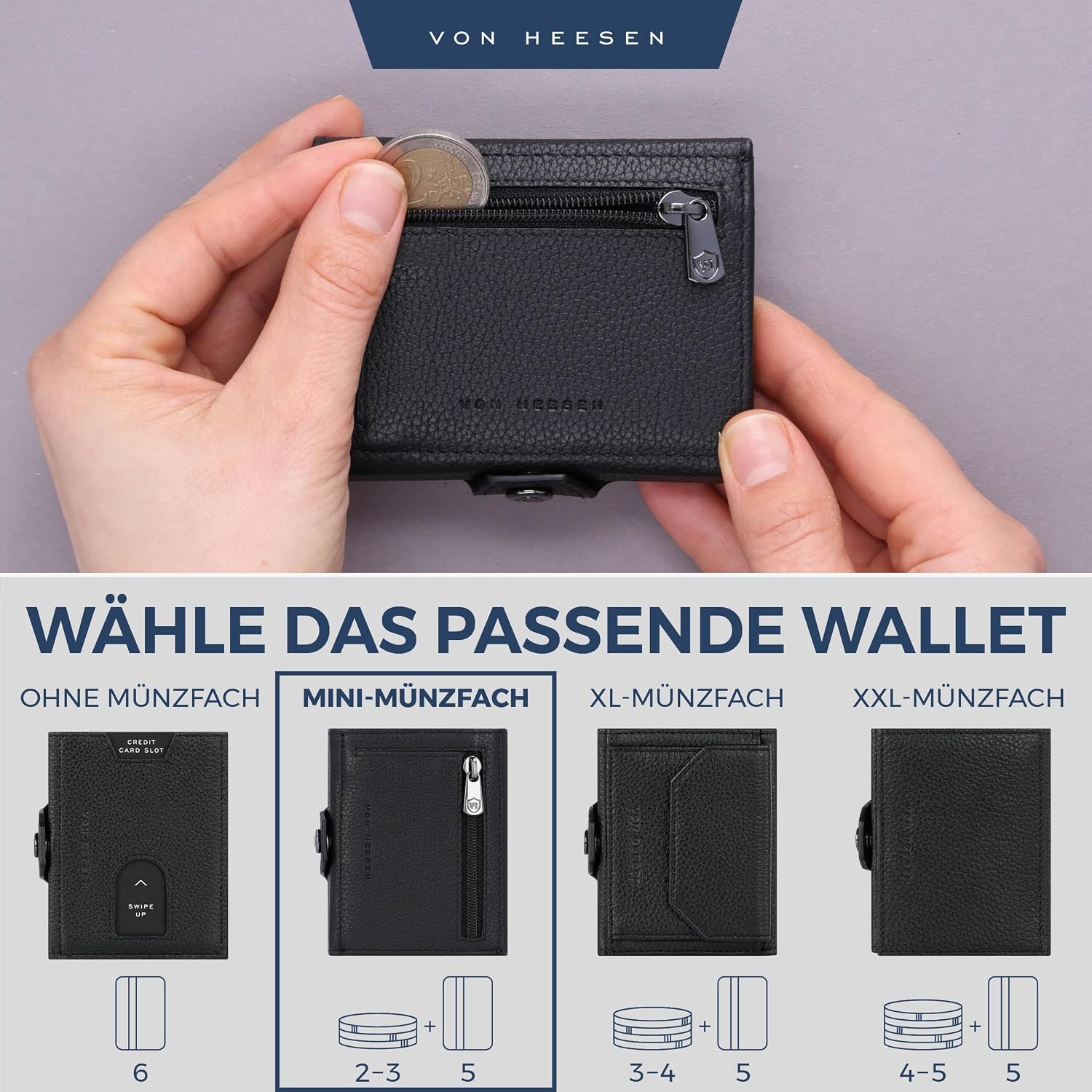 Detalle de VON HEESEN Slim Wallet mit Münzfach & RFID Schutz — Kleine Geldbörse aus Echtleder