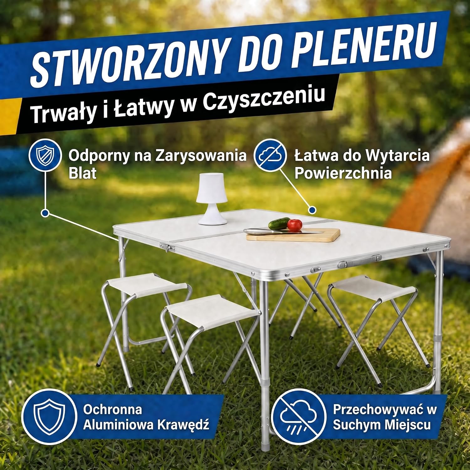 Detalle de GOODS+GADGETS 3169011 – aluminiowy stół kempingowy 120 × 60 cm z 4 taboretami