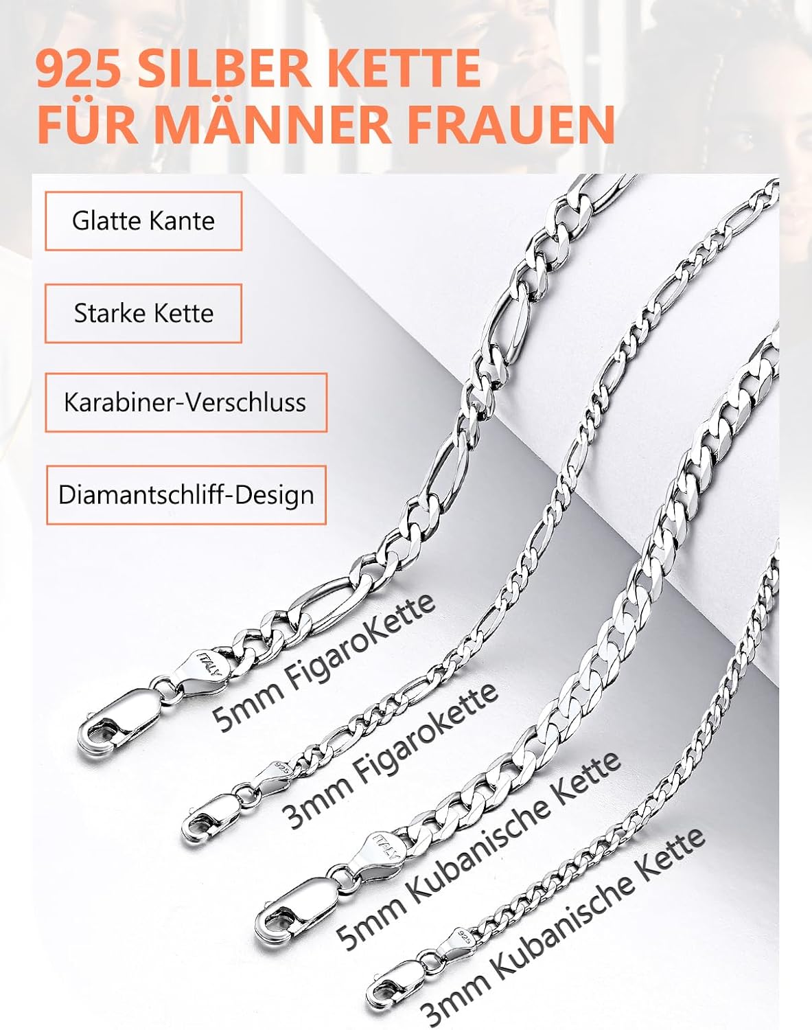 Detalle 2 de Silvora S925 Silber Kubanische Kette (Figaro/Panzer) ultradünn, versch. Längen 36–71 cm