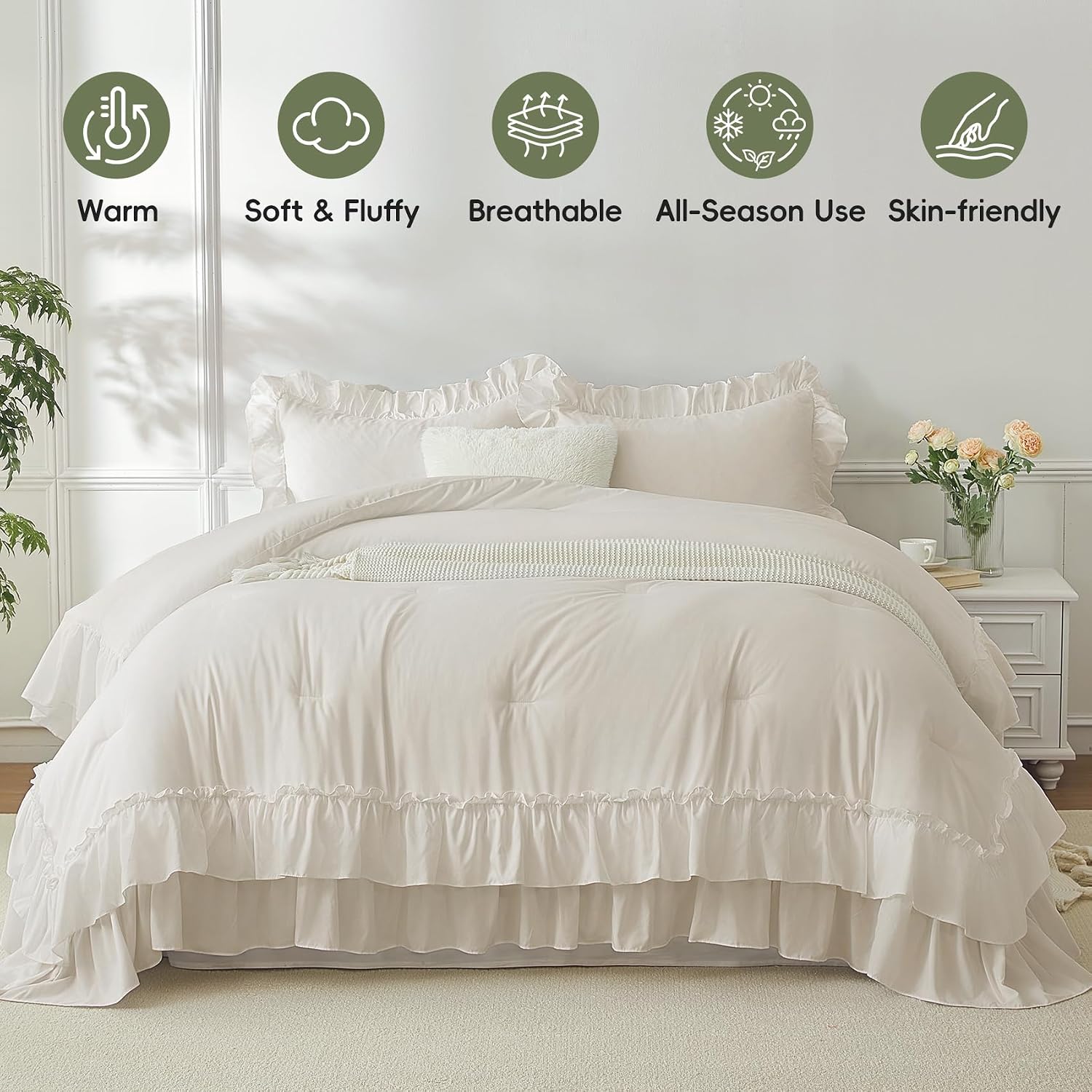 Detalle de HW&HL Beige Queen Ruffle Comforter Set, 3-Piece Polyester Microfiber Bedding