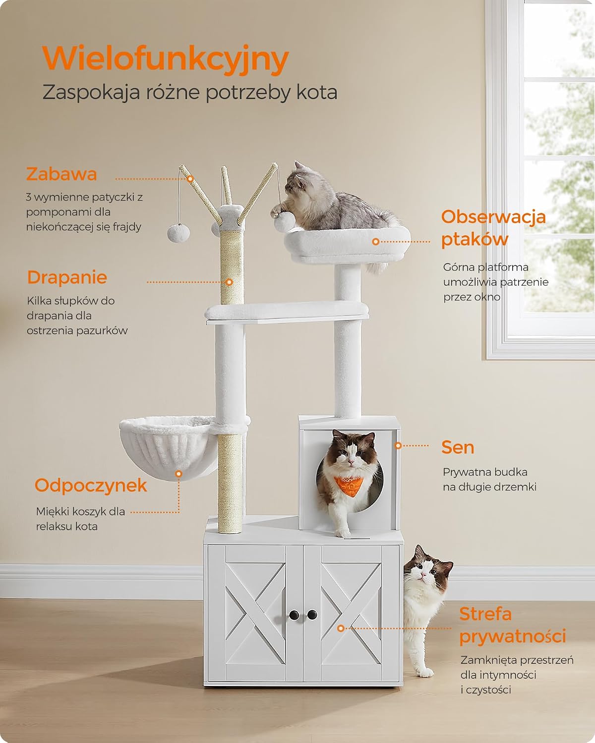 Detalle de FEANDREA HAINS PCT113W01 – drapak z kuwetą, sizalowymi słupkami i legowiskiem