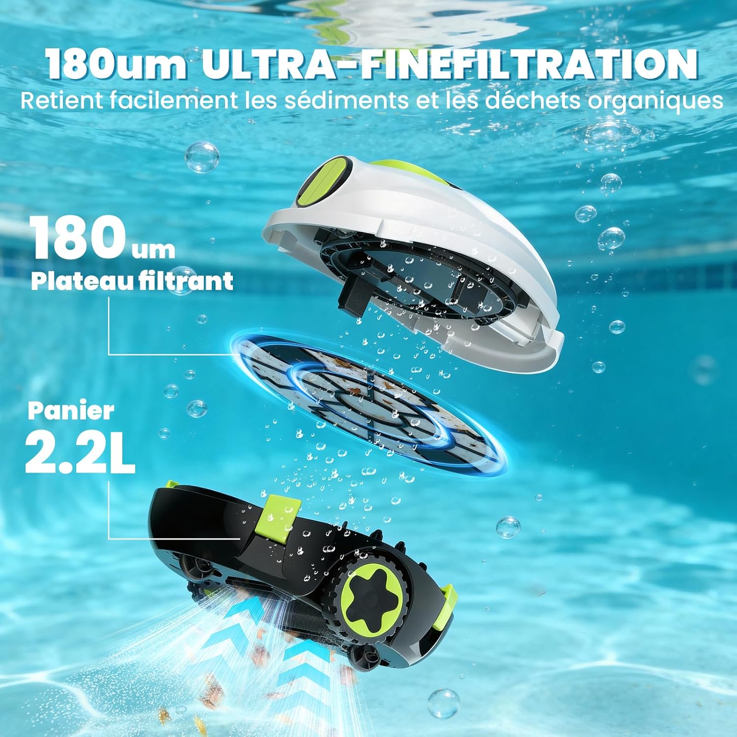 Detalle 2 de Robot Nettoyeur de Piscine sans Fil | Auto-stationnement, 120 Min d’autonomie et Léger pour Piscines hors-sol ou enterrées jusqu’à 110 m²