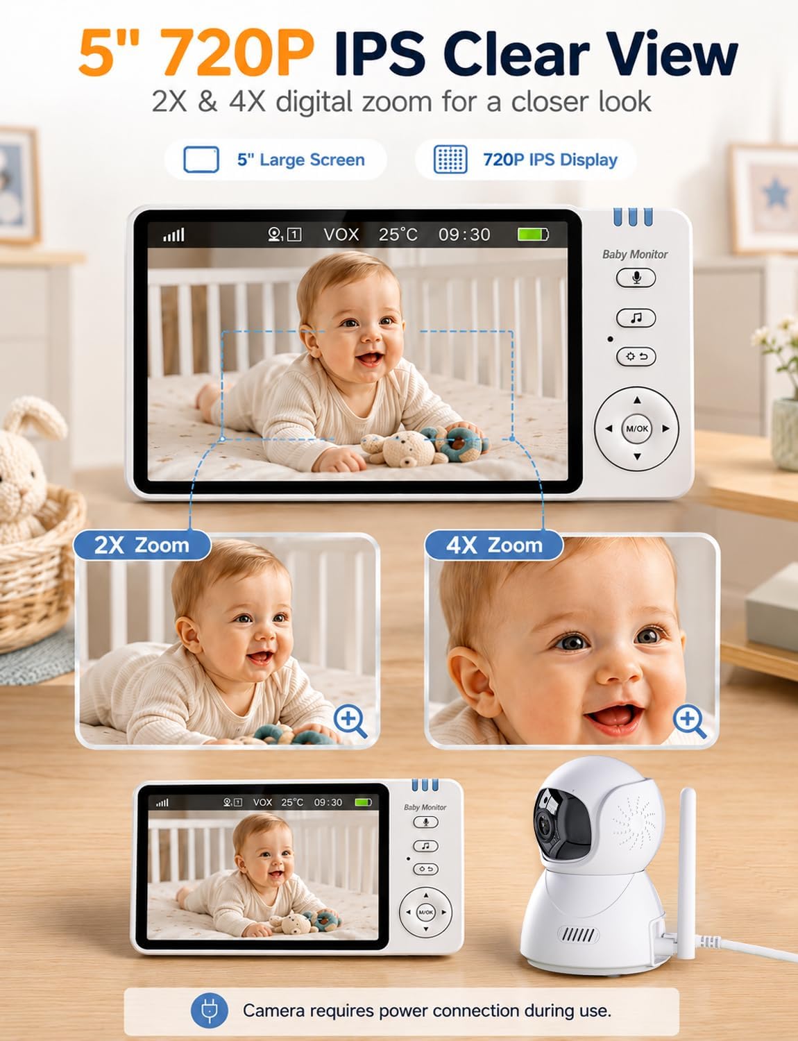 Thumbnail 4 de Baby Monitor with Camera and Night Vision (5" 720P) – No WiFi, VOX Power, 300m Range
