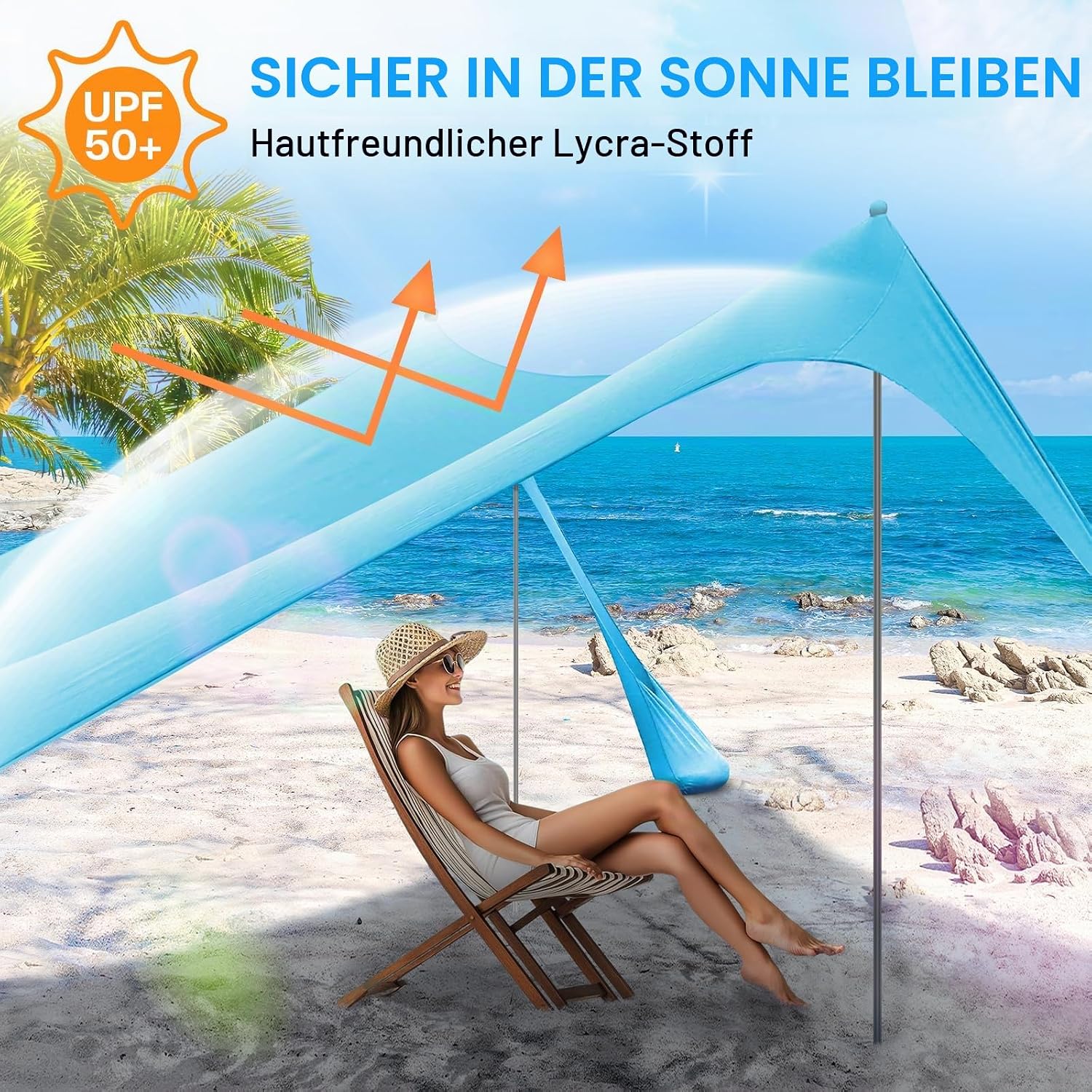 Detalle de Sonnensegel Strandzelt UPF50+ 3x3x2 m – Strandsonnenschutz mit 4 Stangen, 4 Sandsäcken und 4 Ground Anchors