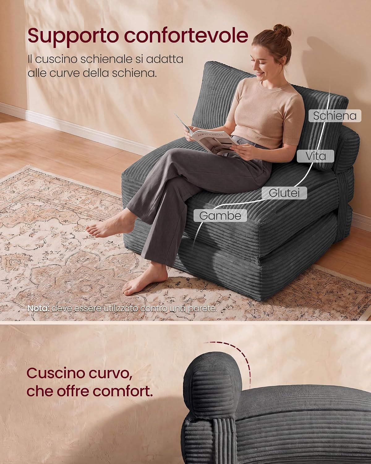 Thumbnail 5 de VASAGLE Poltrona Letto Pieghevole Camila LCS211G101 in velluto grigio piombo — 89x89x78 cm chiuso / 89x195x43 cm aperto