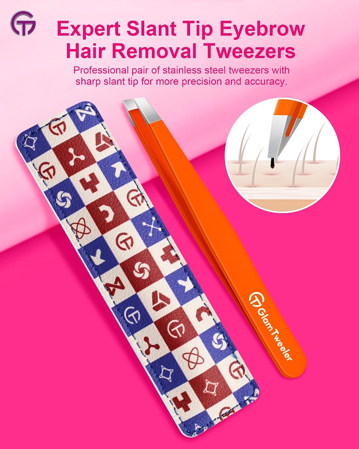 Detalle 2 de GlamTweeler Expert Eyebrow Hair Removal Tweezer with Leather Case (Orange) – slant tip stainless steel tweezers