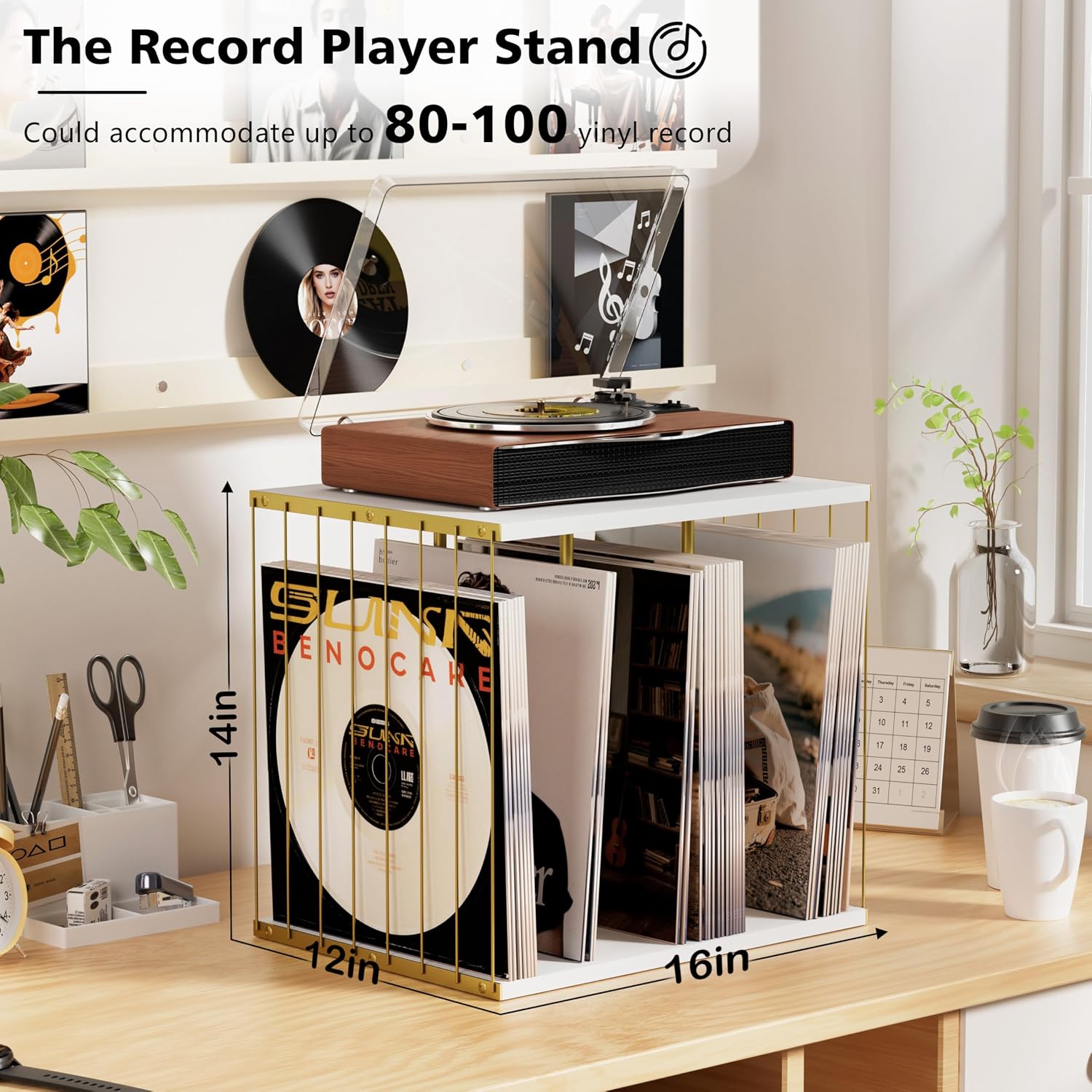 Detalle de Emfogoo Vinyl Record Storage cube stand (metal & industrial wood) for up to 80 LPs, white