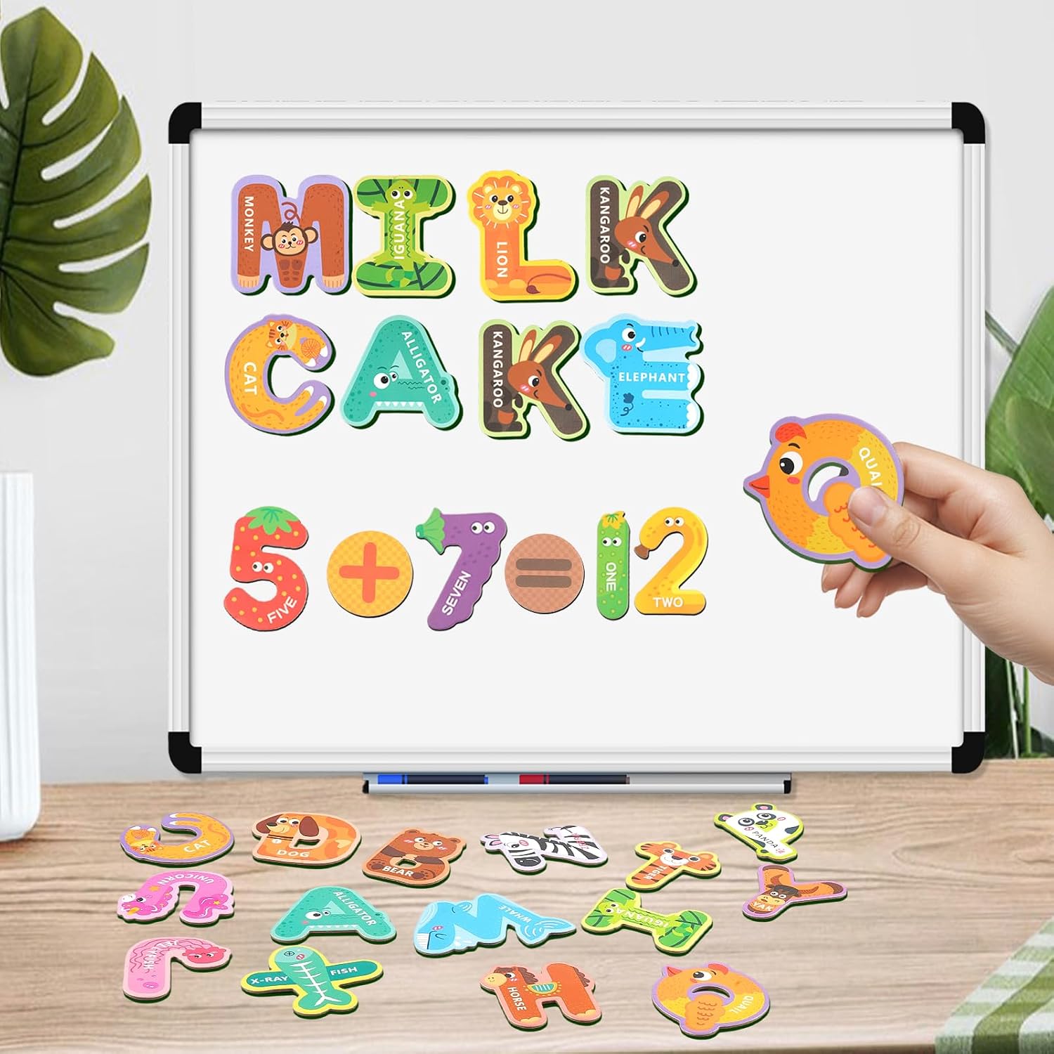 Detalle de 52 Pcs Uppercase Magnetic Letters and Numbers for Children – Large Fridge Magnets with Animal & Fruit Designs