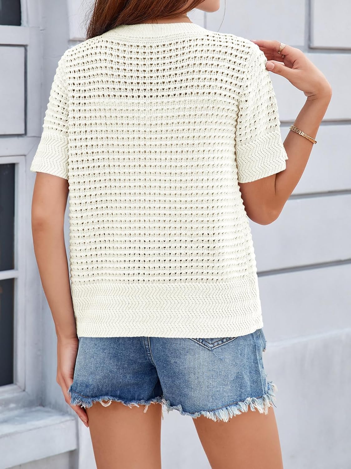 Detalle de Saodimallsu Women’s Crochet Short Sleeve Button-Up Crew Neck Cardigan