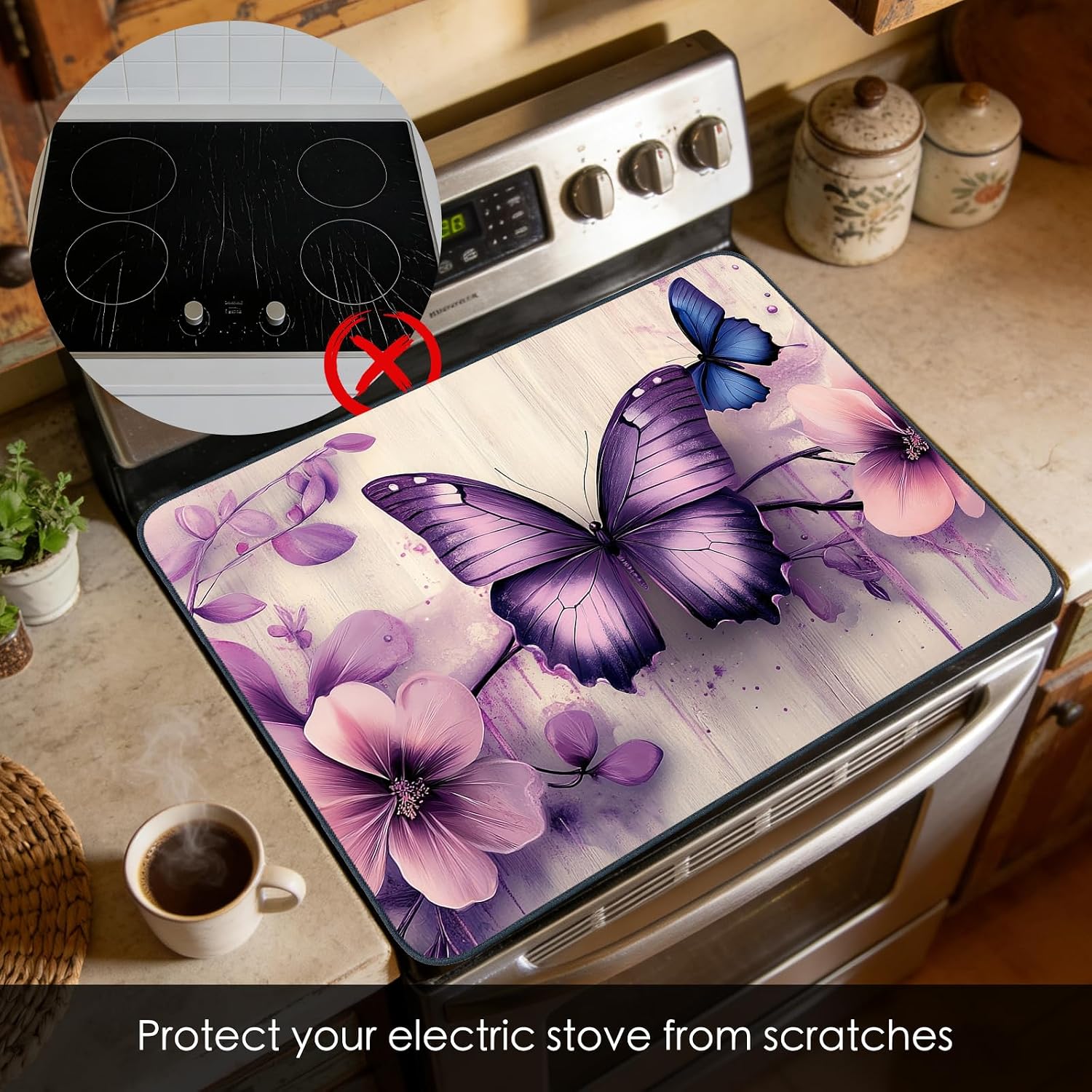 Detalle 2 de Nuxovilar Purple Butterfly Stove Cover, 28.65 x 20.47-Inch Floral Mat