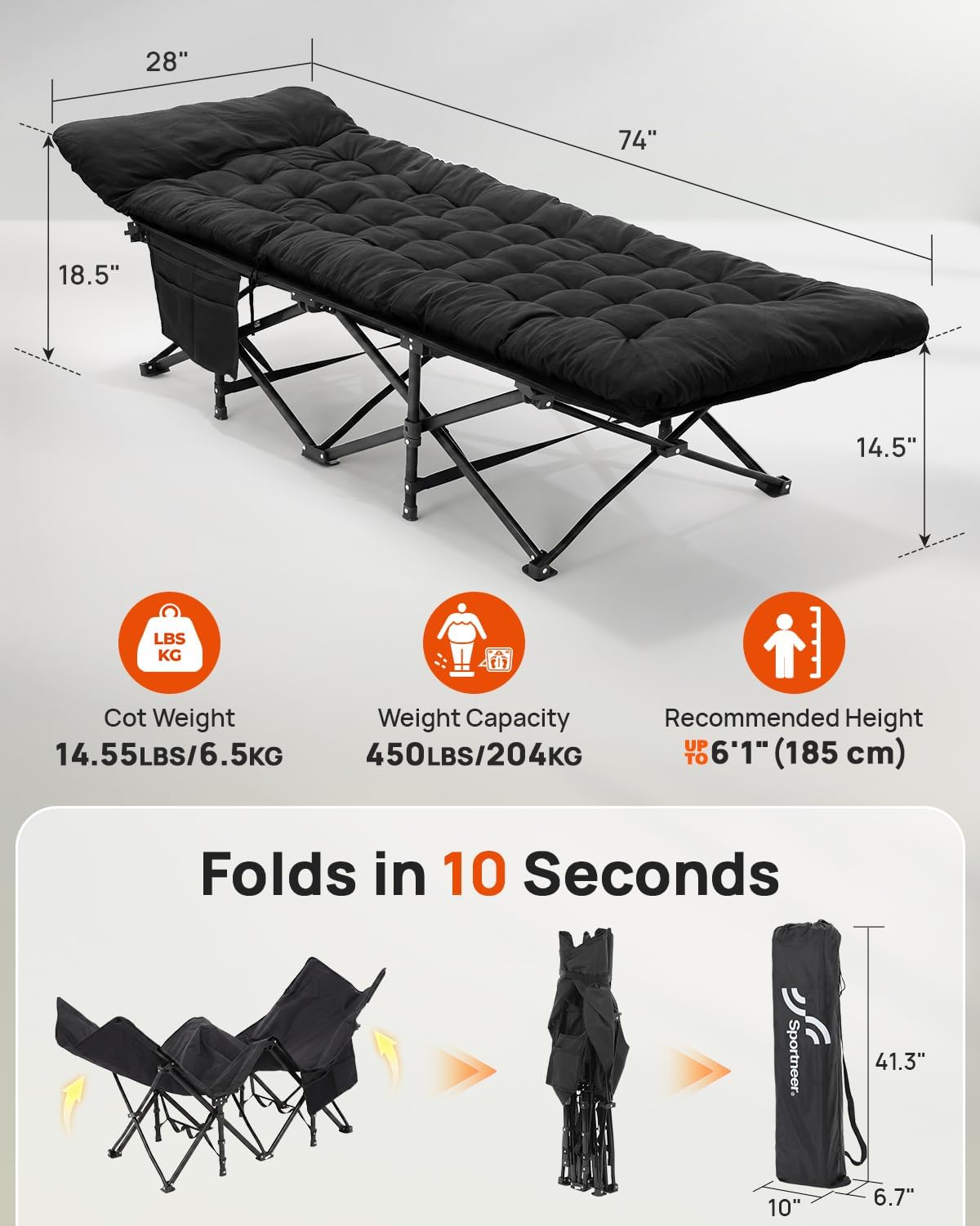 Thumbnail 1 de Sportneer Camp Beds for Adults with 1.5" Thick Mattress (28"/32" Extra Wide) – 450lbs Load, Folding Camping Bed