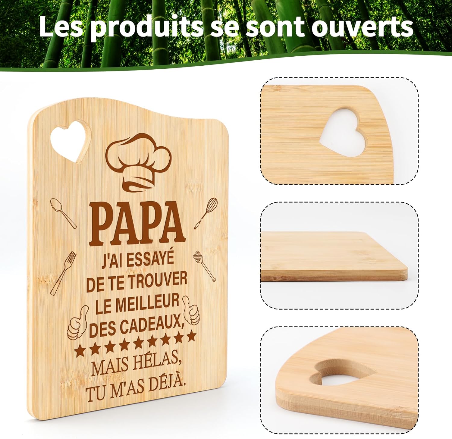 Detalle de Tulolvae Cadeau Papa – Planche à Découper en Bambou 21,5 x 27,5 cm, idée cadeau original