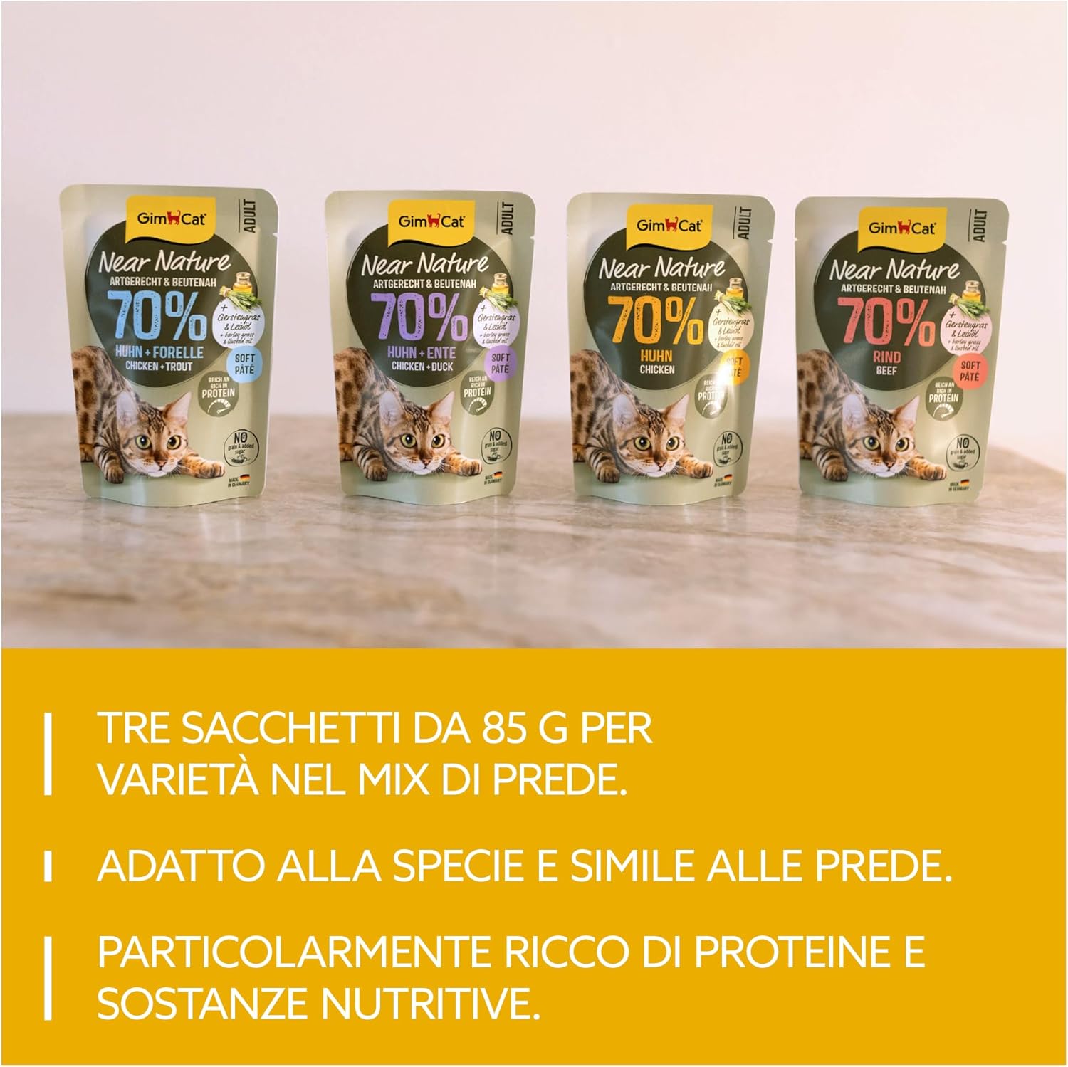 Detalle de GimCat Near Nature Probier-Mix 12: cibo umido senza cereali per gatti dai 7 mesi, 12 bustine da 85 g