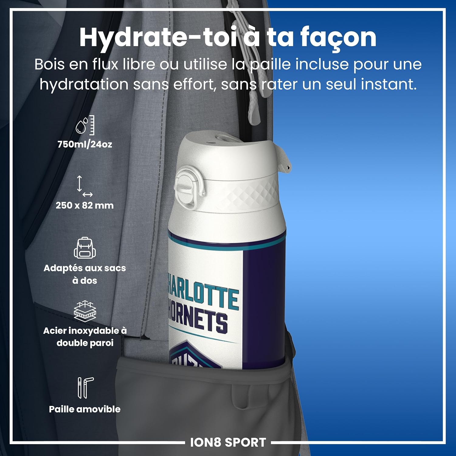 Thumbnail 1 de Ion8 NBA Charlotte Hornets – Gourde Thermique 750 ml avec Paille Amovible