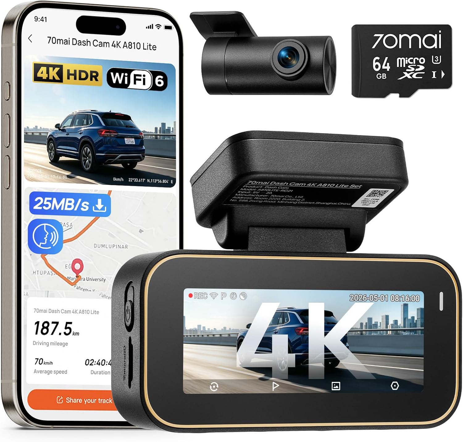 Detalle de 70mai A810 Lite Dual-Dashcam – 4K vorne / 1080P hinten mit 64GB, 4G LTE & Nachtmodus HDR