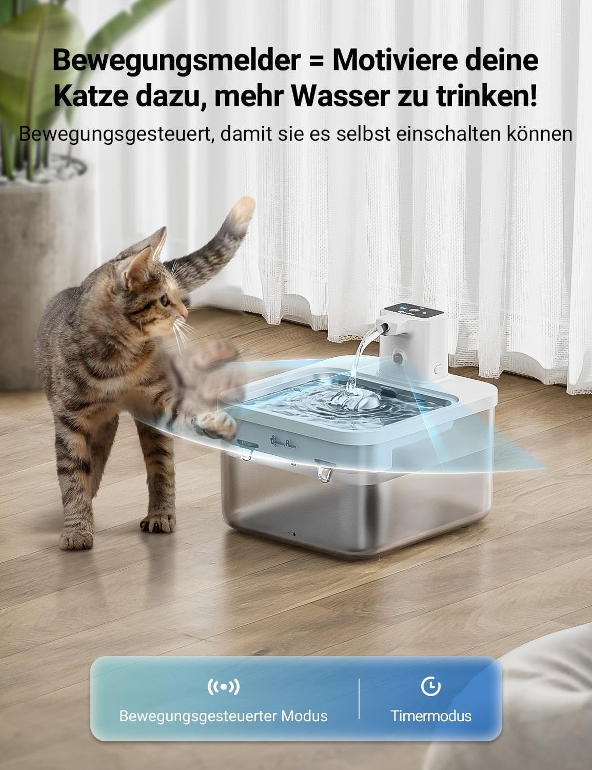Detalle de DownyPaws Katzenbrunnen Kabellos 2,5L – Bewegungsmelder, Edelstahl, 4.000 mAh