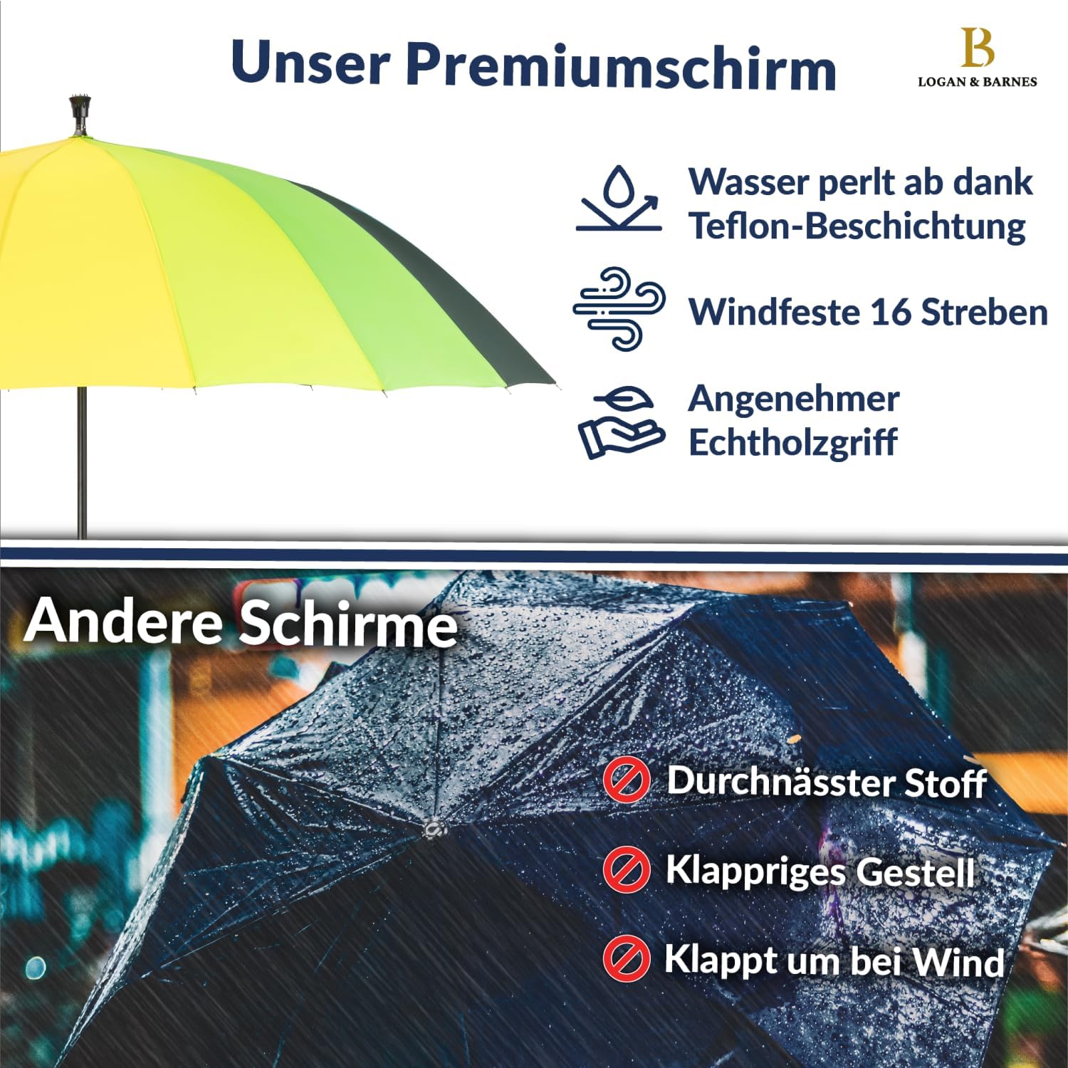 Thumbnail 1 de LOGAN & BARNES Stockschirm Edinburgh Ø120cm – Sturmfest, Holzgriff, XXL Regenschirm