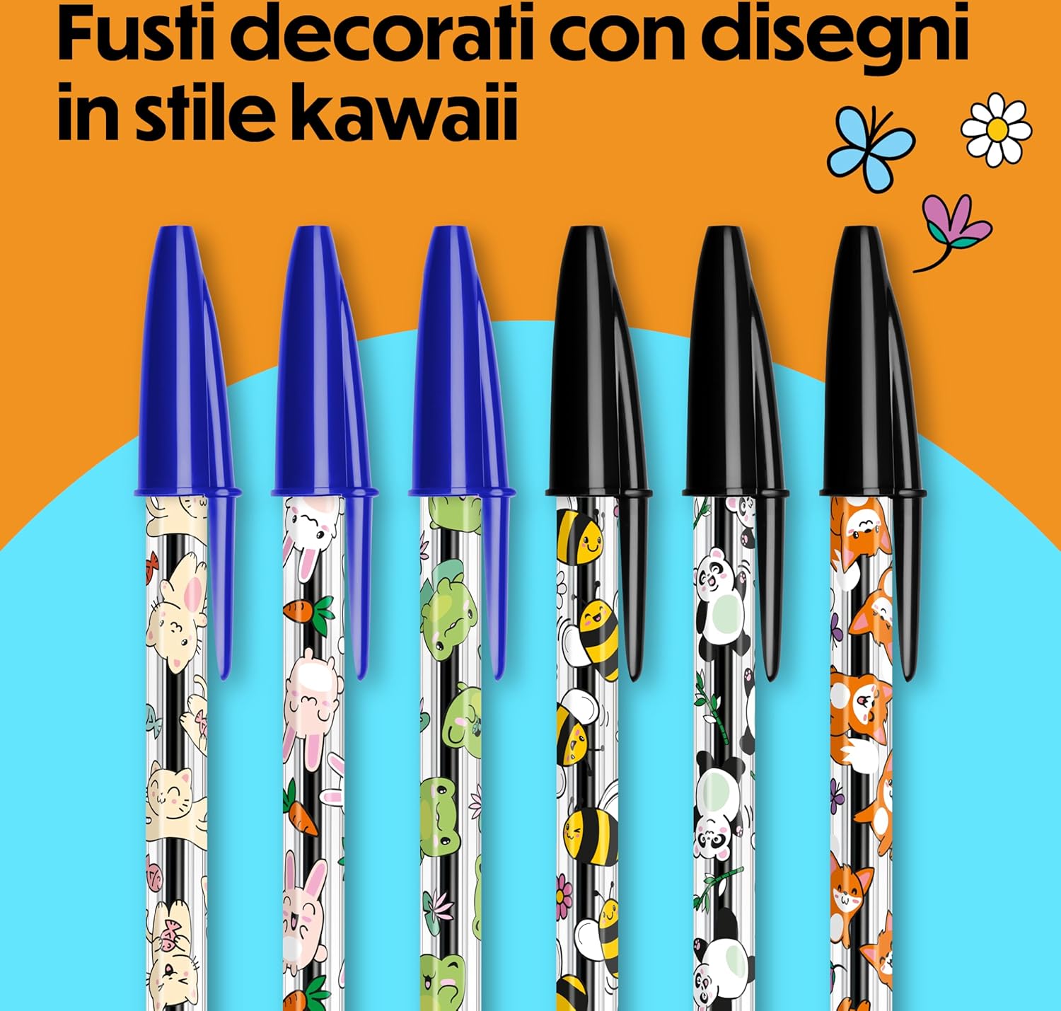 Detalle de Penne a Sfera BIC Cristal Decors Kawaii 1 mm – 8 pezzi, blu e nero, disegni assortiti