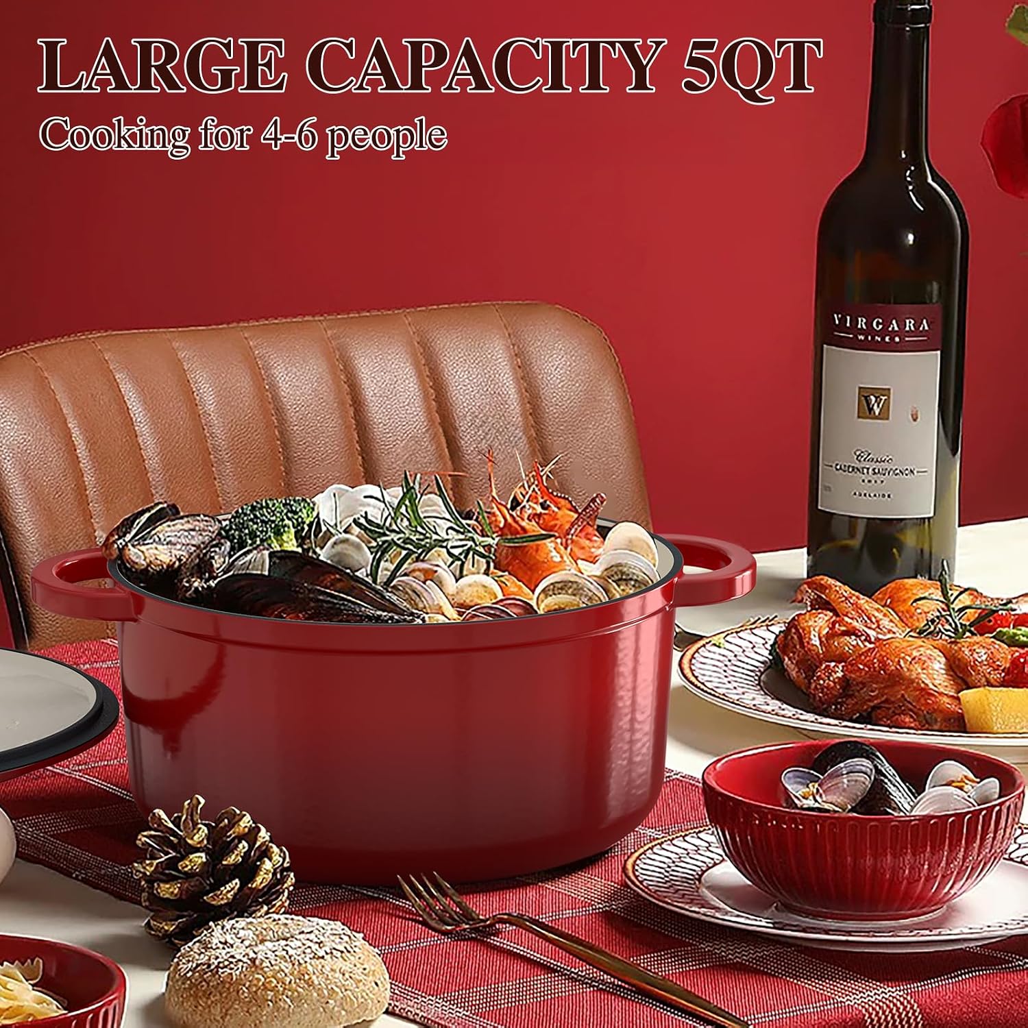 Thumbnail 6 de Umite Chef 5QT Enameled Cast Iron Dutch Oven with Lid & Cotton Potholders (Red)