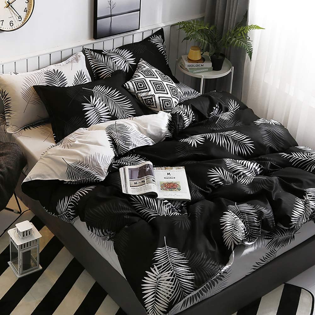 Detalle 2 de Michorinee Housse de Couette 220x240 Motif Feuilles de Palmier Tropicales Noir et Blanche – Parure de lit réversible avec 2 Taies 65x65 cm