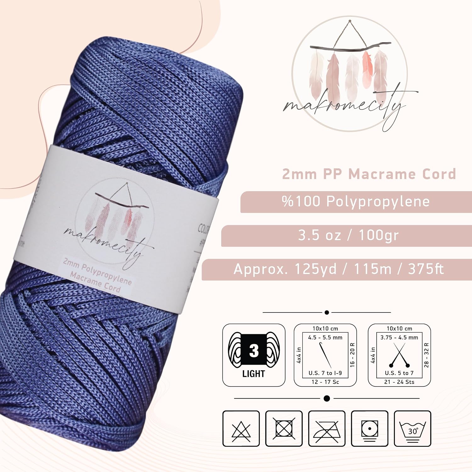 Thumbnail 1 de Makromecity マクラメコード 2mm・125ヤード、デニムブルー、1点