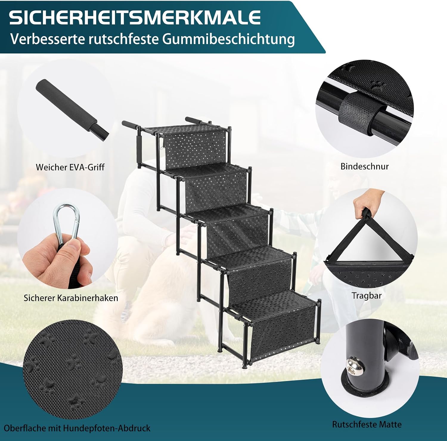 Thumbnail 2 de OUUTMEE 5-stufige Hundetreppe – faltbare Autotreppe mit rutschfester Oberfläche, bis 80 kg