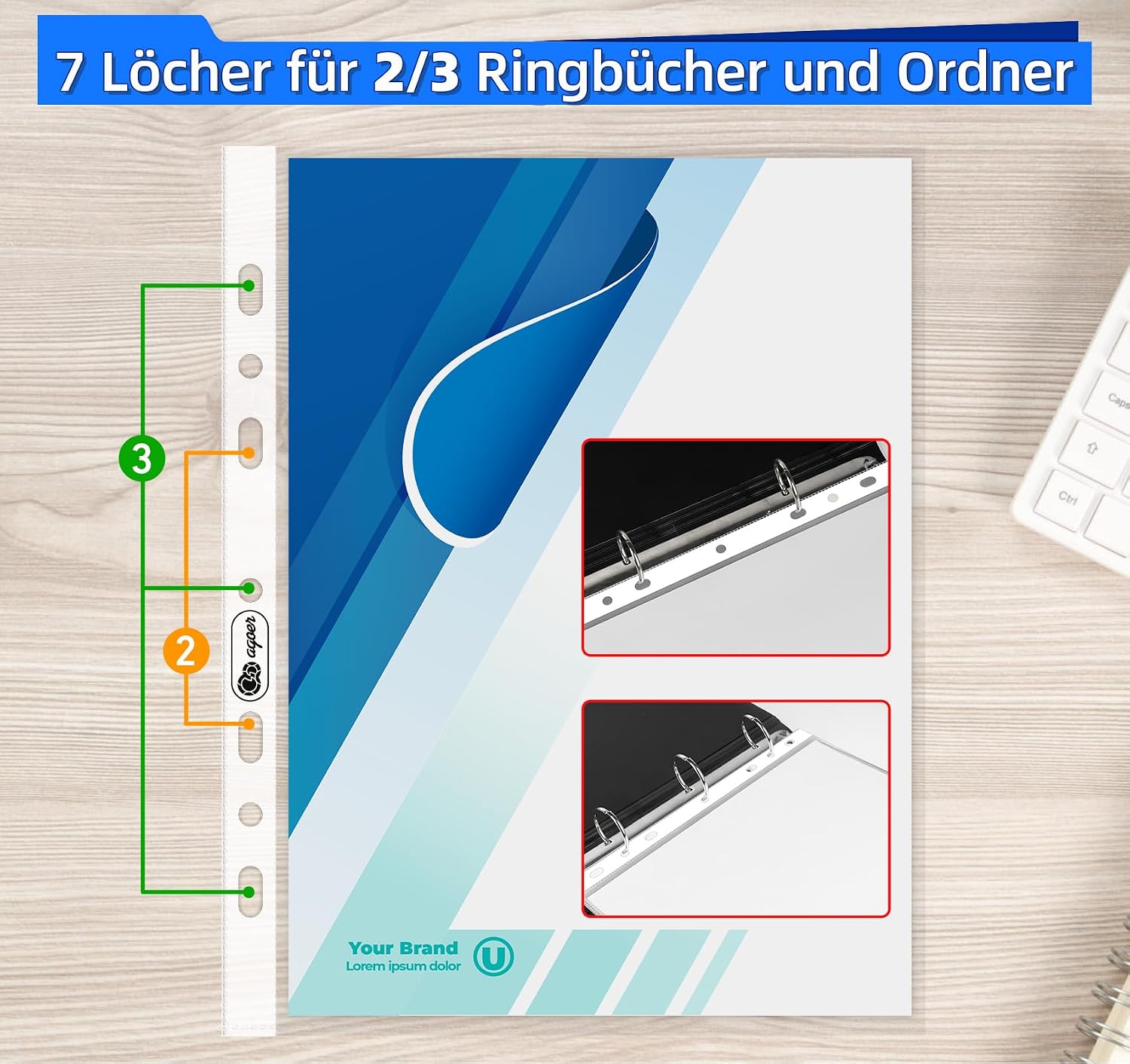 Detalle de 100 Stück DIN-A5 Prospekthüllen, Extra Stark 160µm – Klar, PP-Kunststoff, 7 Loch (A5, 21,5 × 17,3 cm)