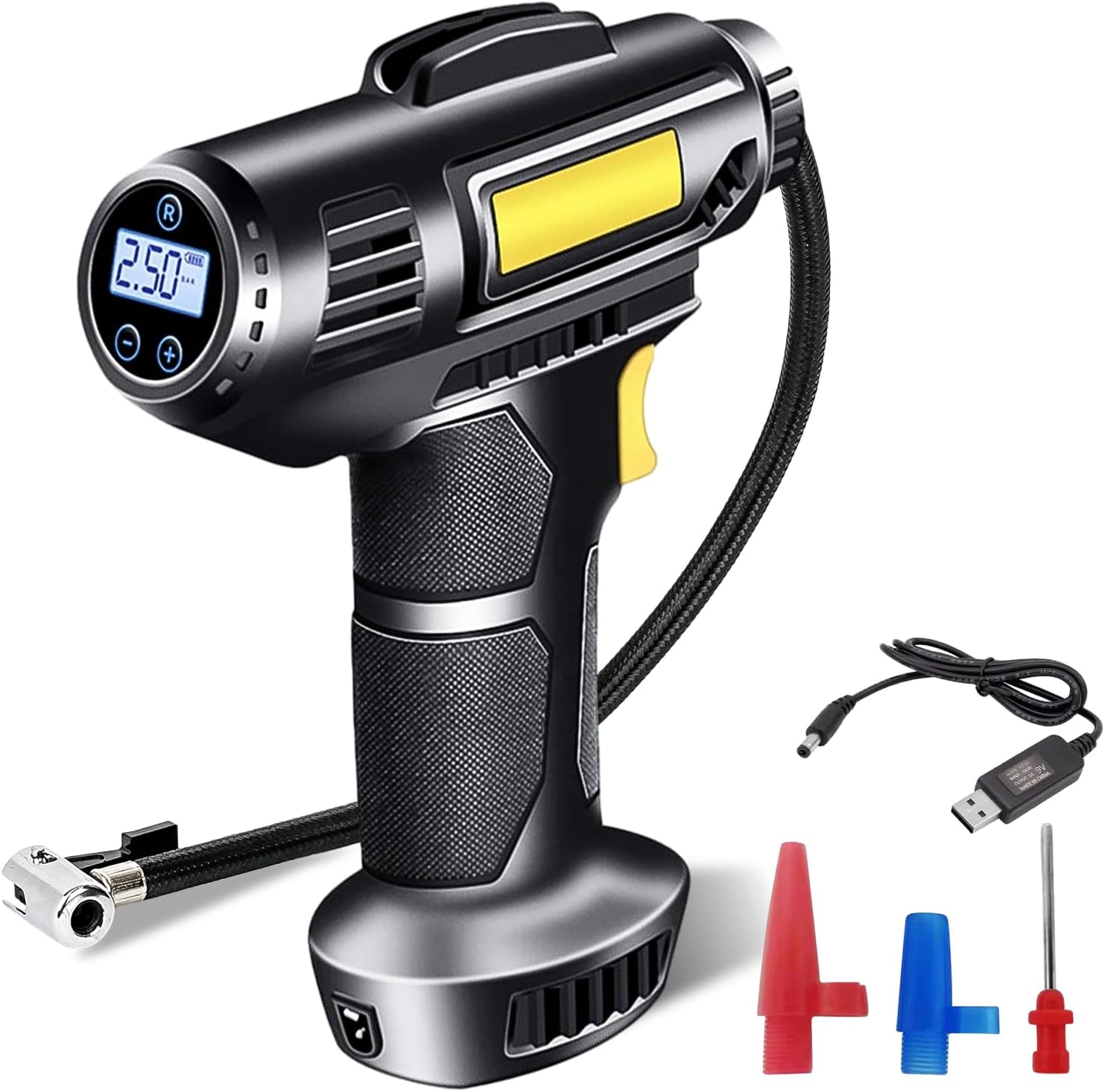 Detalle de ProChosen Cordless Tyre Inflator Air Compressor (12V, 7000mAh) – Portable 150 PSI with LCD Display, LED Light and 3 Nozzles