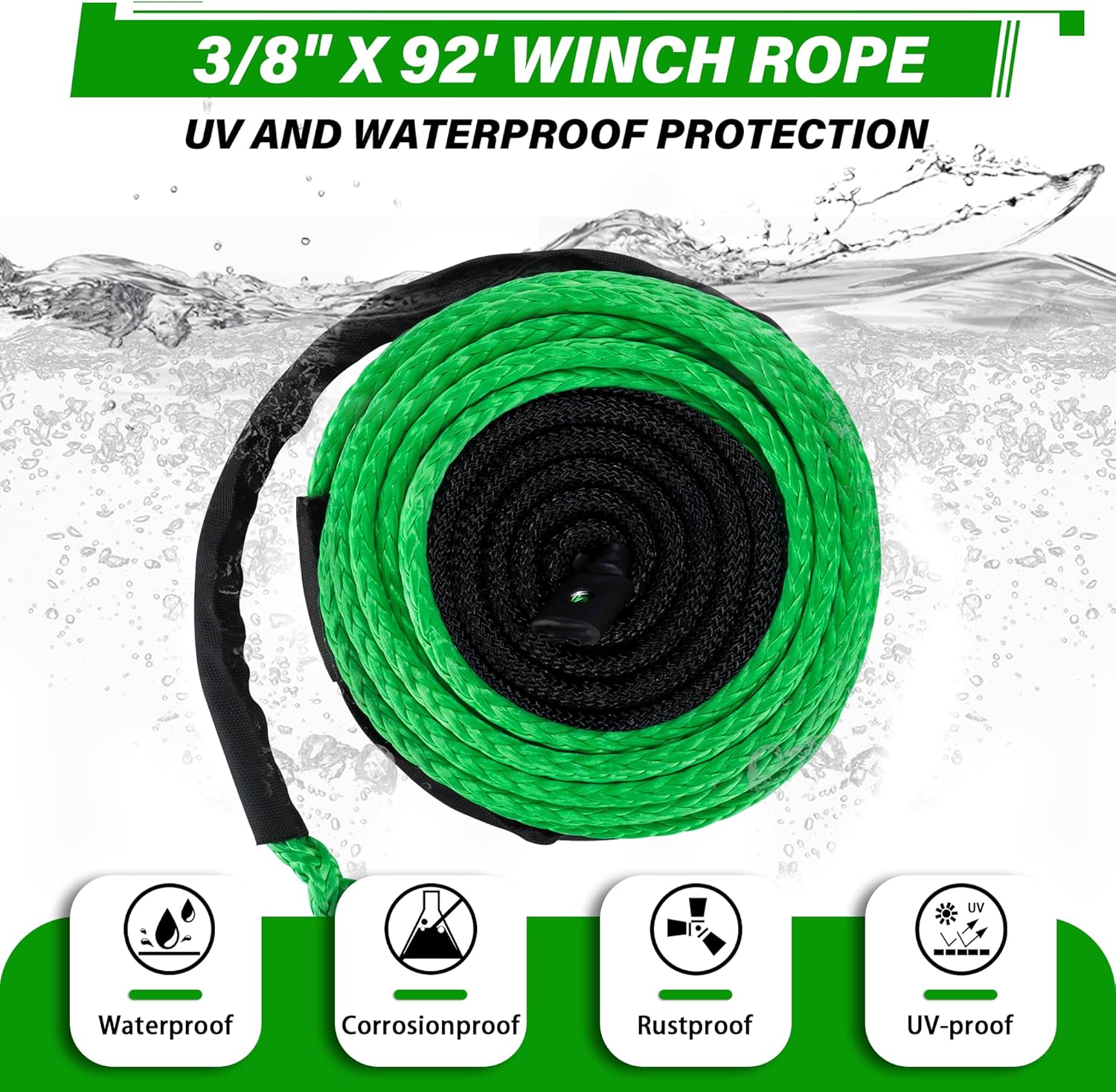 Thumbnail 1 de TYT Synthetic Winch Rope 3/8" x 92' with Hook — 27,000 lbs Break Strength, Includes Protective Sleeve