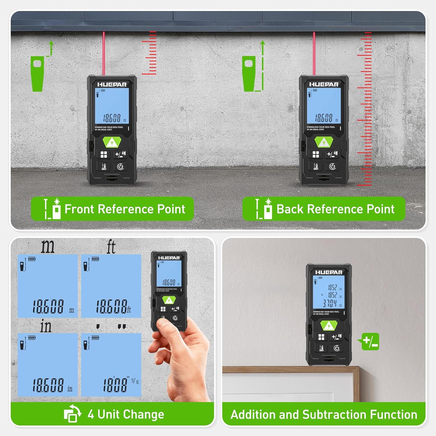 Thumbnail 4 de Laser Entfernungsmesser, Huepar 50M/100M/120M Laser Messgerät Entfernungsmesser mit Laser, hintergrundbeleuchtetem LCD, Messung von Entfernung, Fläche und Volumen und pythagoreischem Modus(ft/m/in)
Laser Entfernungsmesser, Huepar 50M/100M/120M…
