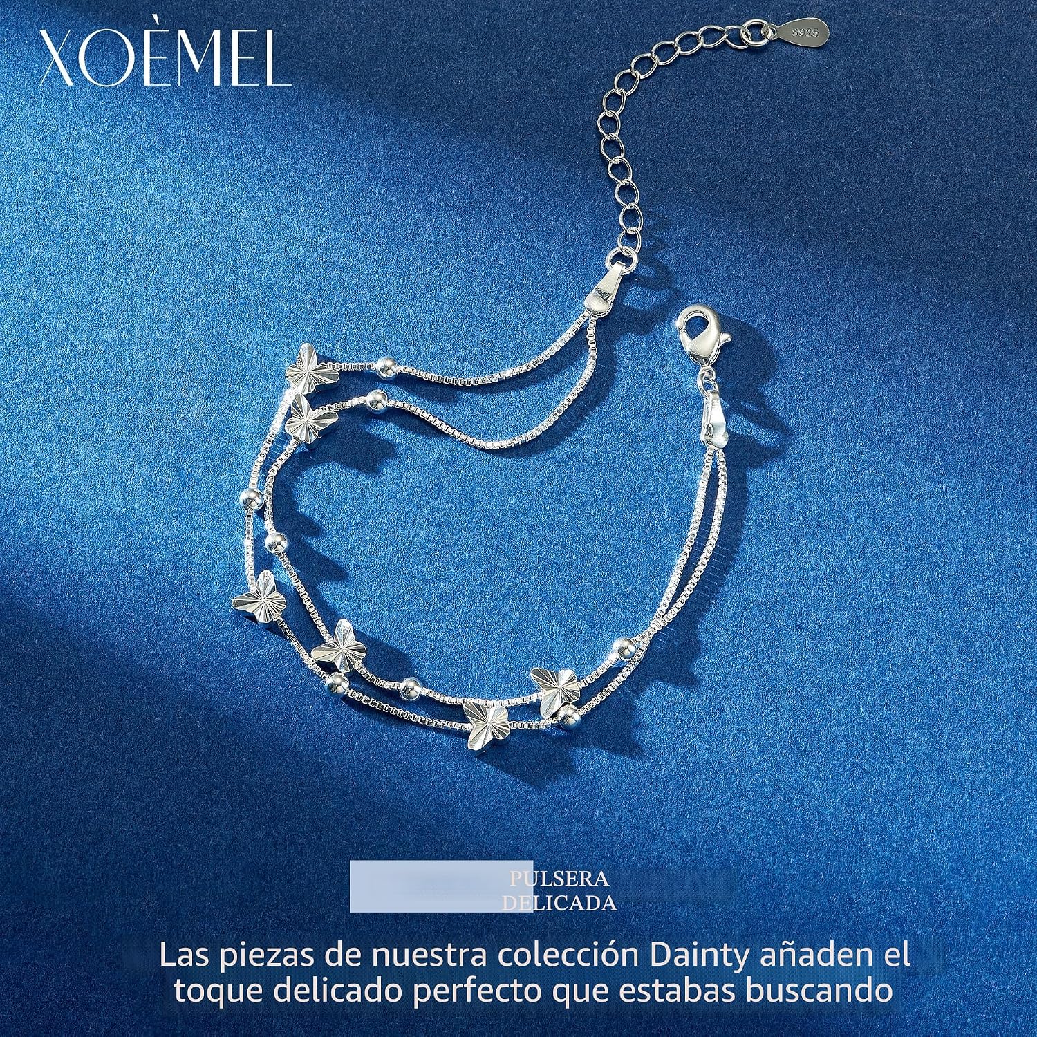 Detalle de XOEMEL Pulsera de plata 925 con mariposas y acabado en oro rosa para mujer
