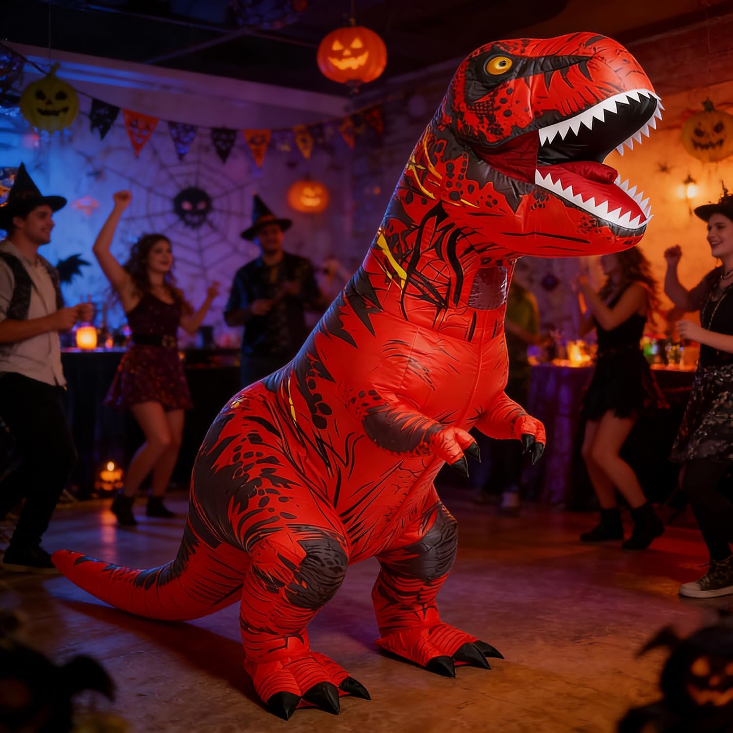 Detalle 2 de JASHKE Inflatable Dinosaur Costume Adult: Red T-Rex Suit for Halloween and Fancy Dress