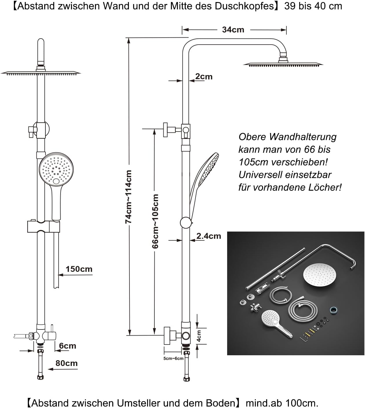 Thumbnail 5 de JOHO Colonna Doccia in Acciaio INOX senza Miscelatore Termostatica – Asta Saliscendi con Soffione 20 cm Cromata