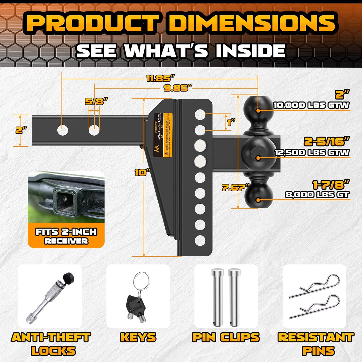 Detalle de Mmtowus Adjustable Trailer Hitch - Tri Ball Mount with Hook (1-7/8", 2", 2-5/16") for 2-Inch Receivers