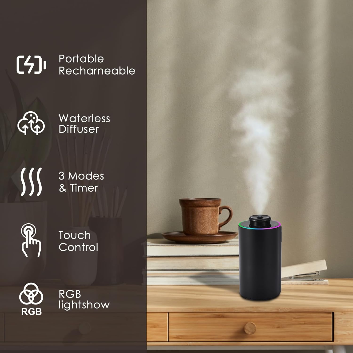 Detalle 2 de Waterless Essential Oil Diffuser - Black Aluminium, 7 Colour LED, Battery Powered Mini Scent Machine