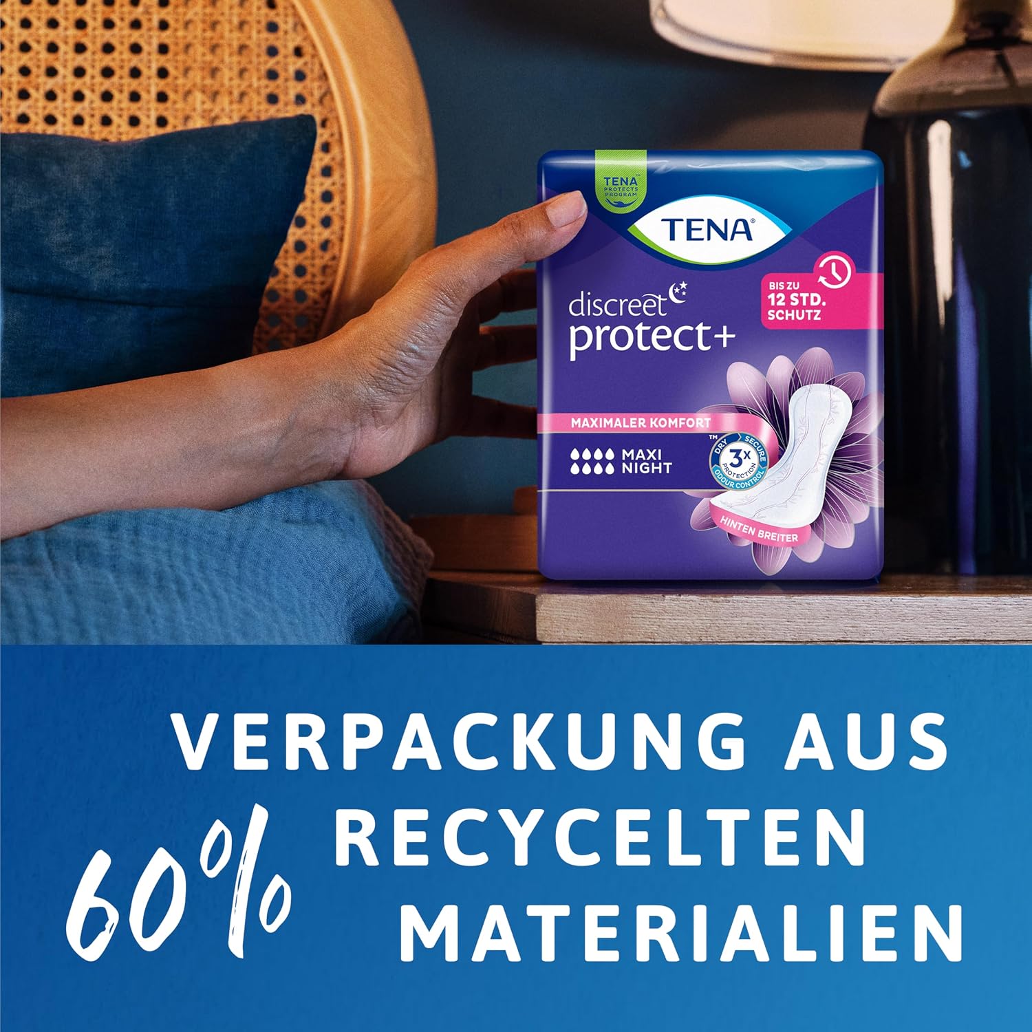 Detalle de TENA Discreet Maxi Night: Hygieneeinlagen für Nachtkomfort bei starker Blasenschwäche (48 Einlagen im Monatspaket)