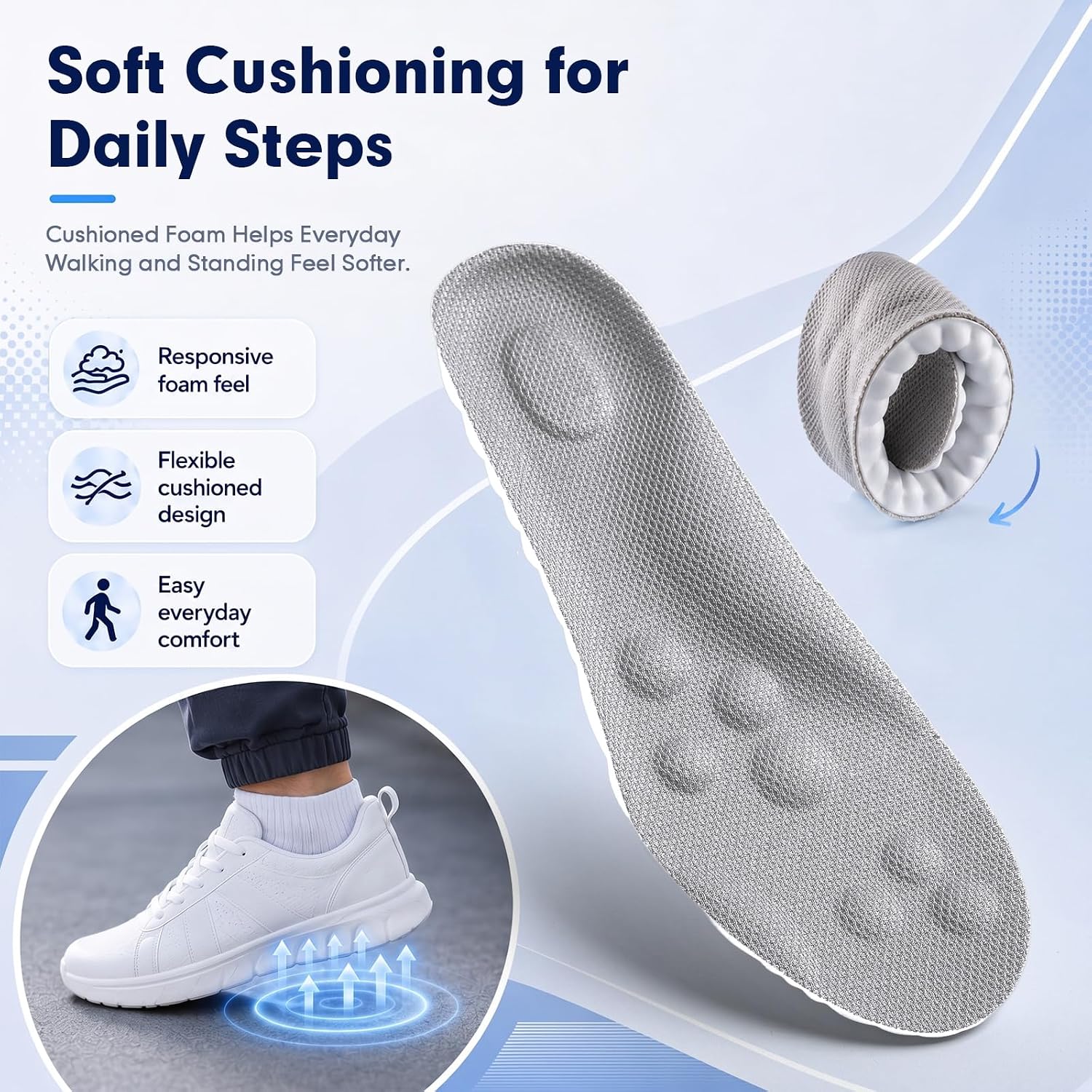 Detalle 2 de ENLOPQ GEN-SOLE-Black-Large Men's Insoles, Gray, US M 8–11.5, Memory Foam Arch Support