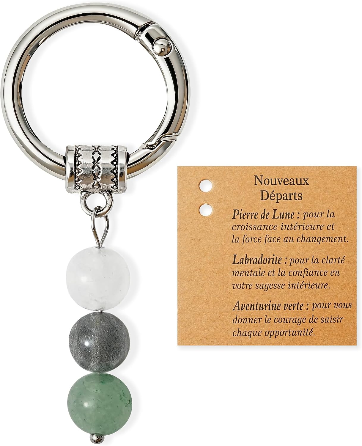 Porte-clés en pierres lune, labradorite et aventurine verte – Merclix, cadeau femme original